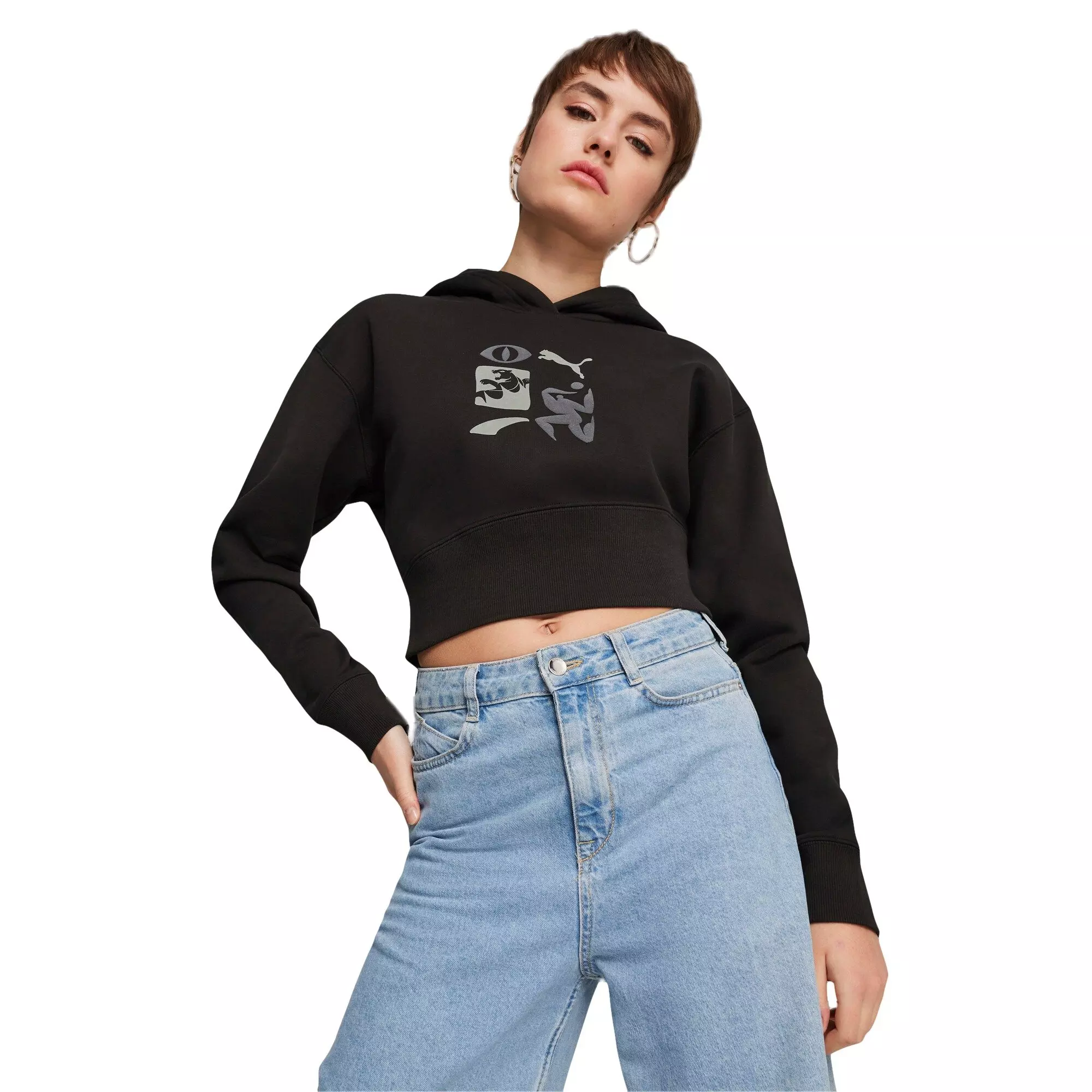 PUMA Women's​ Classics Artisanal​ Cropped Hoodie​ -Black - BLACK