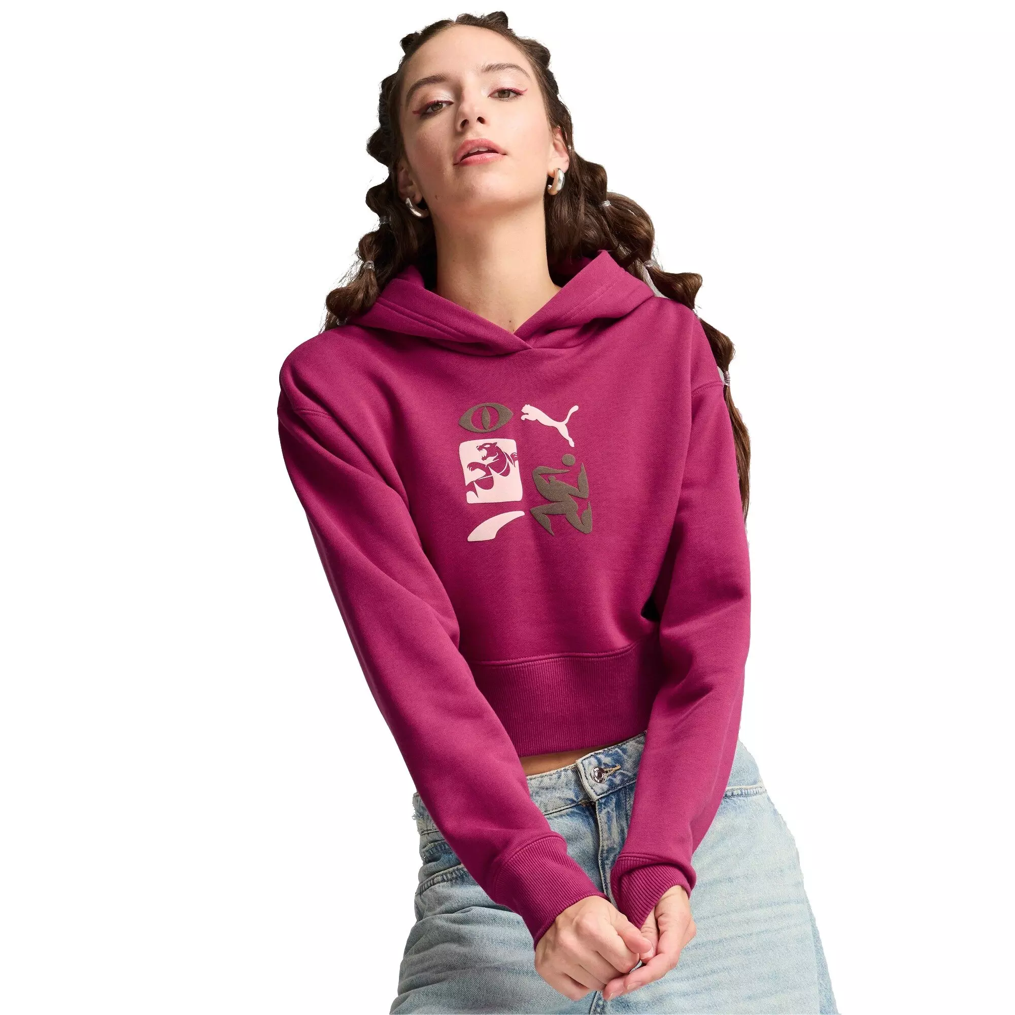 PUMA Women's​ Classics Artisanal​ Cropped Hoodie​ -Magenta - MAGENTA