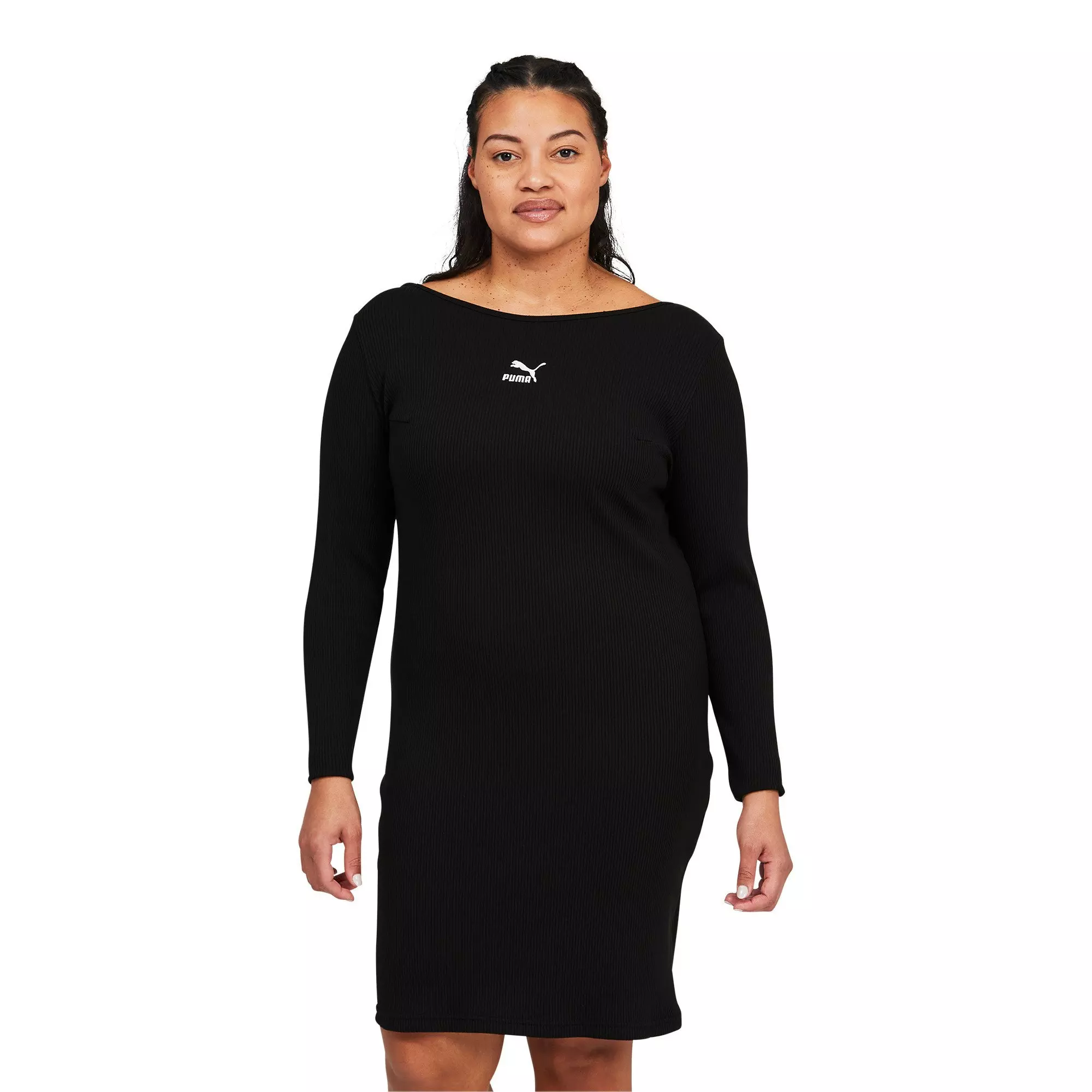PUMA Women's Classics Ribbed Long Sleeve Dress-Black - BLACK