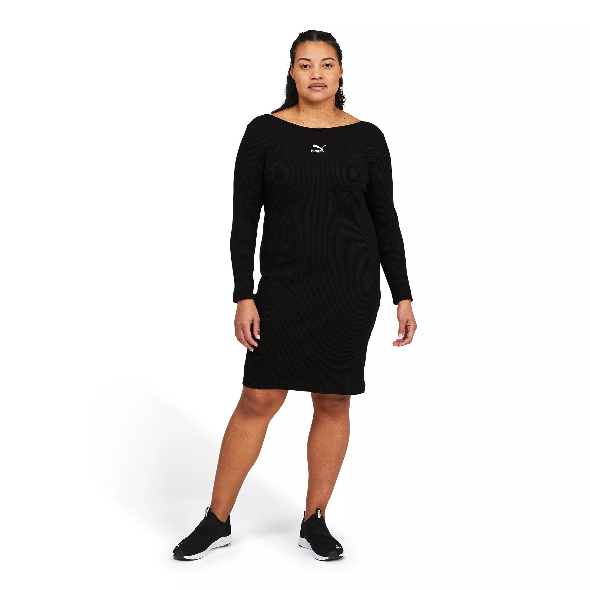 PUMA Women's Classics Ribbed Long Sleeve Dress-Black - BLACK