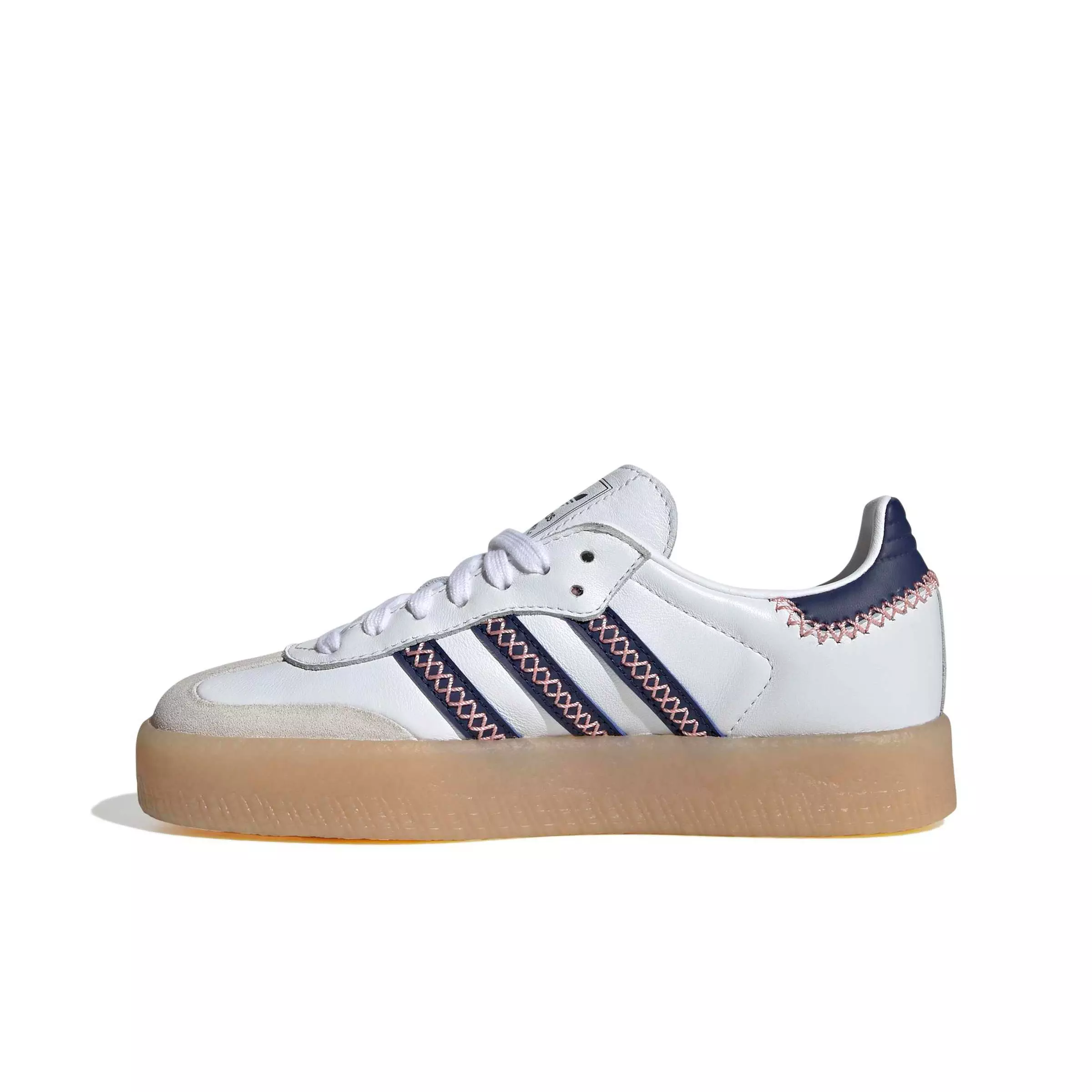 adidas Originals Sambae "Ftwr White/Dark Blue/Glory Pink" Grade School Girls' Shoe - WHITE/DK BLUE/PINK