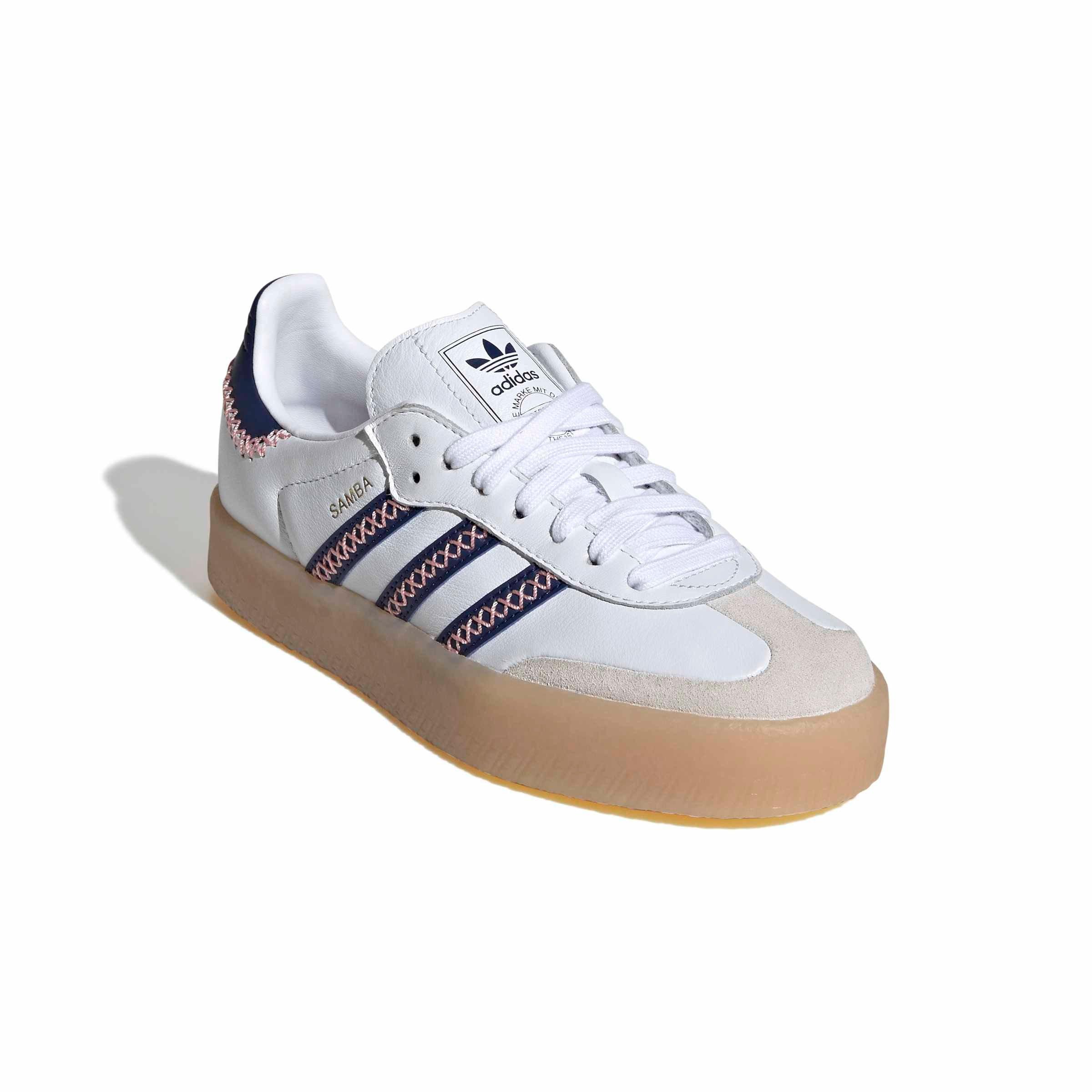 adidas Originals Sambae "Ftwr White/Dark Blue/Glory Pink" Grade School Girls' Shoe - WHITE/DK BLUE/PINK Thumbnail View 3