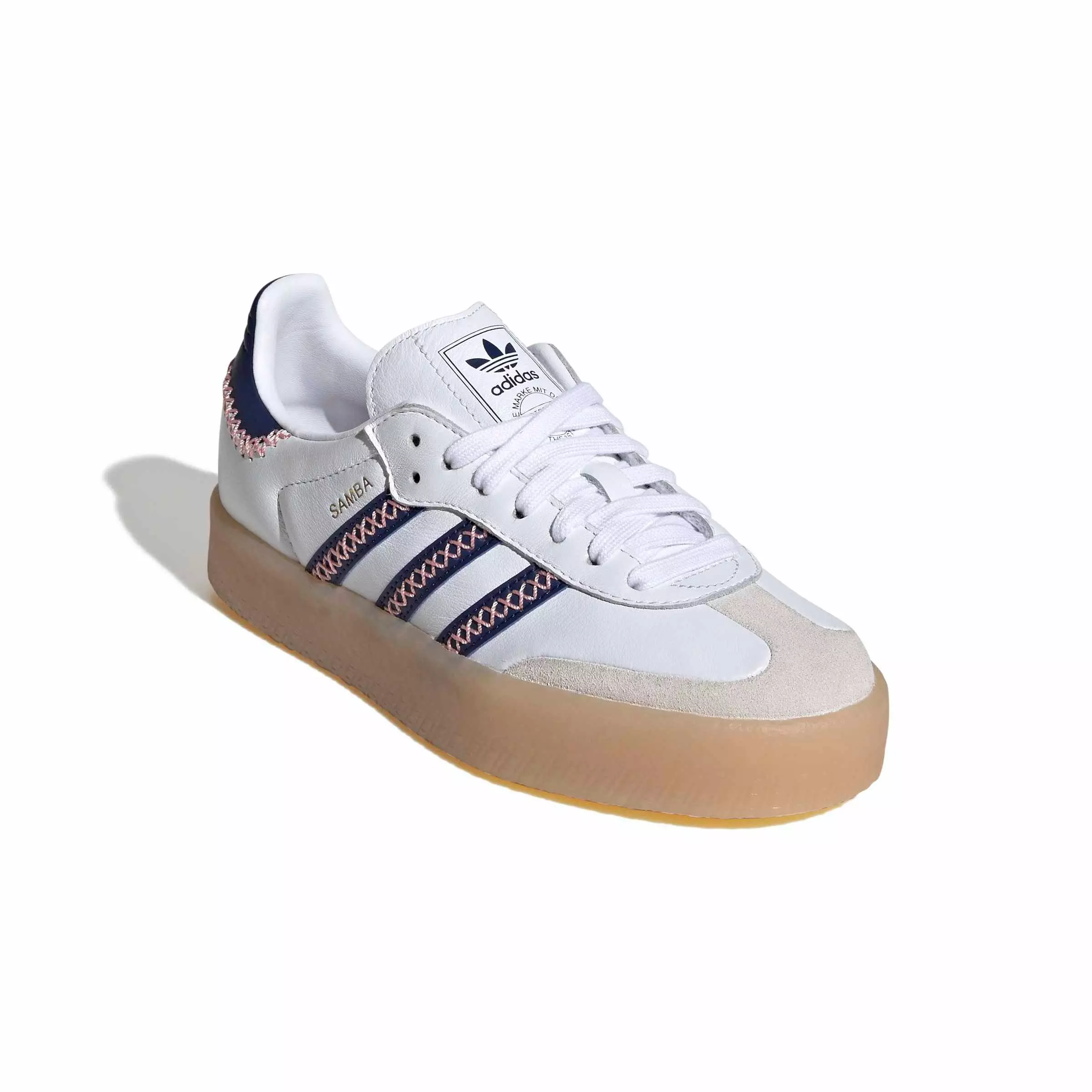 adidas Originals Sambae "Ftwr White/Dark Blue/Glory Pink" Grade School Girls' Shoe - WHITE/DK BLUE/PINK