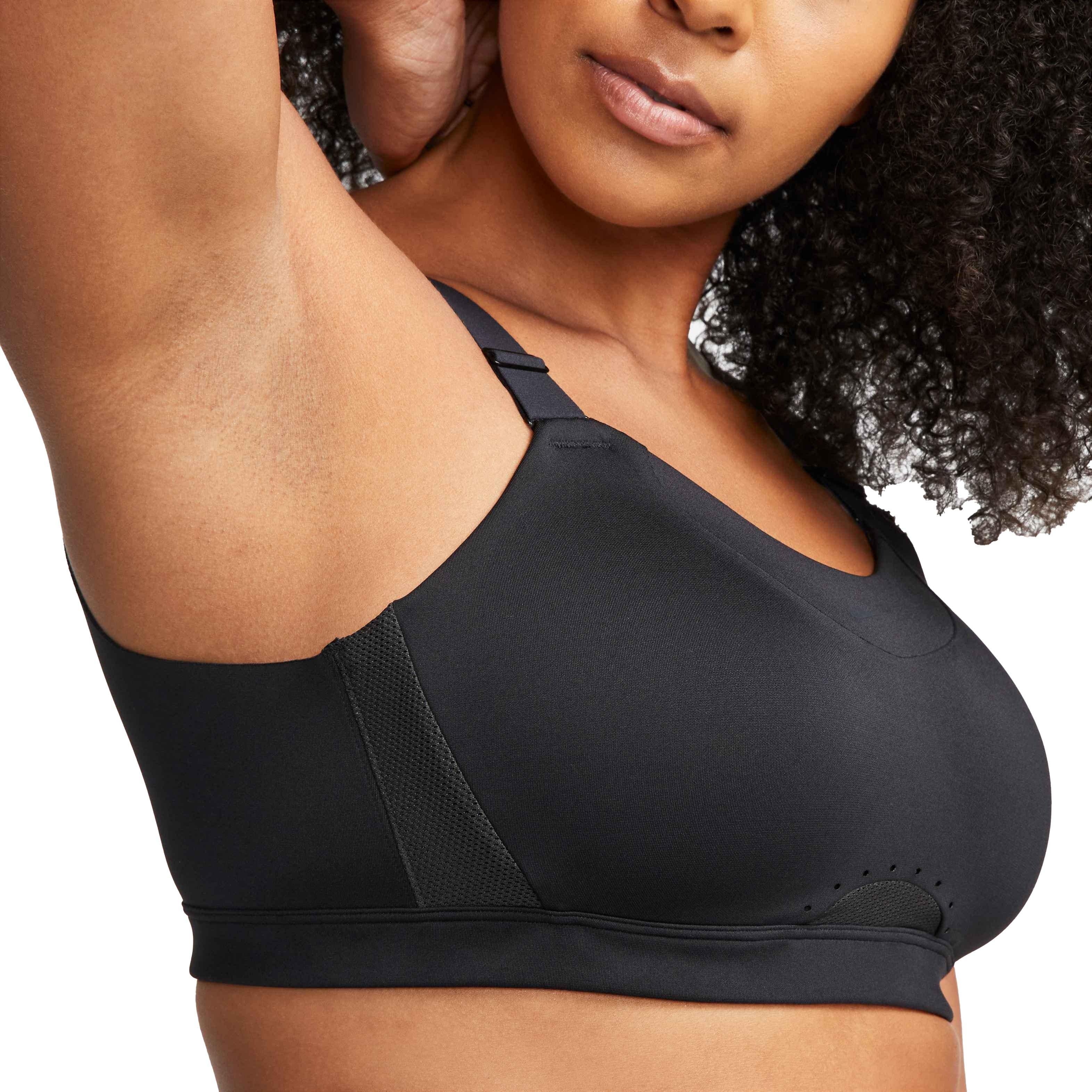Nike Alpha High-Support Padded Adjustable Sports Bra Black This bra gives  you our highest level of support with a compressive feel and minimal bounce  for a secure fit. Engineered foam pads provide