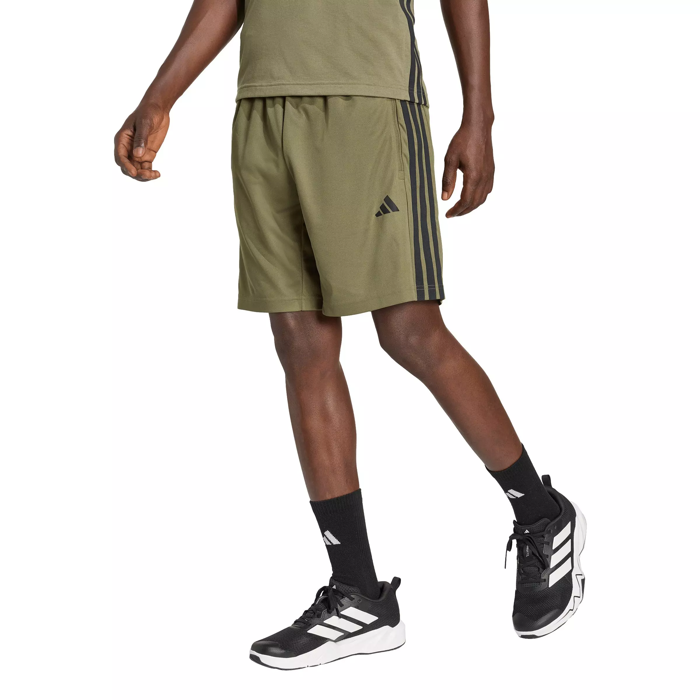 adidas Men's Workout Essentials Base 3-Stripes Pique 9" Shorts - Olive/Black - OLIVE/BLACK