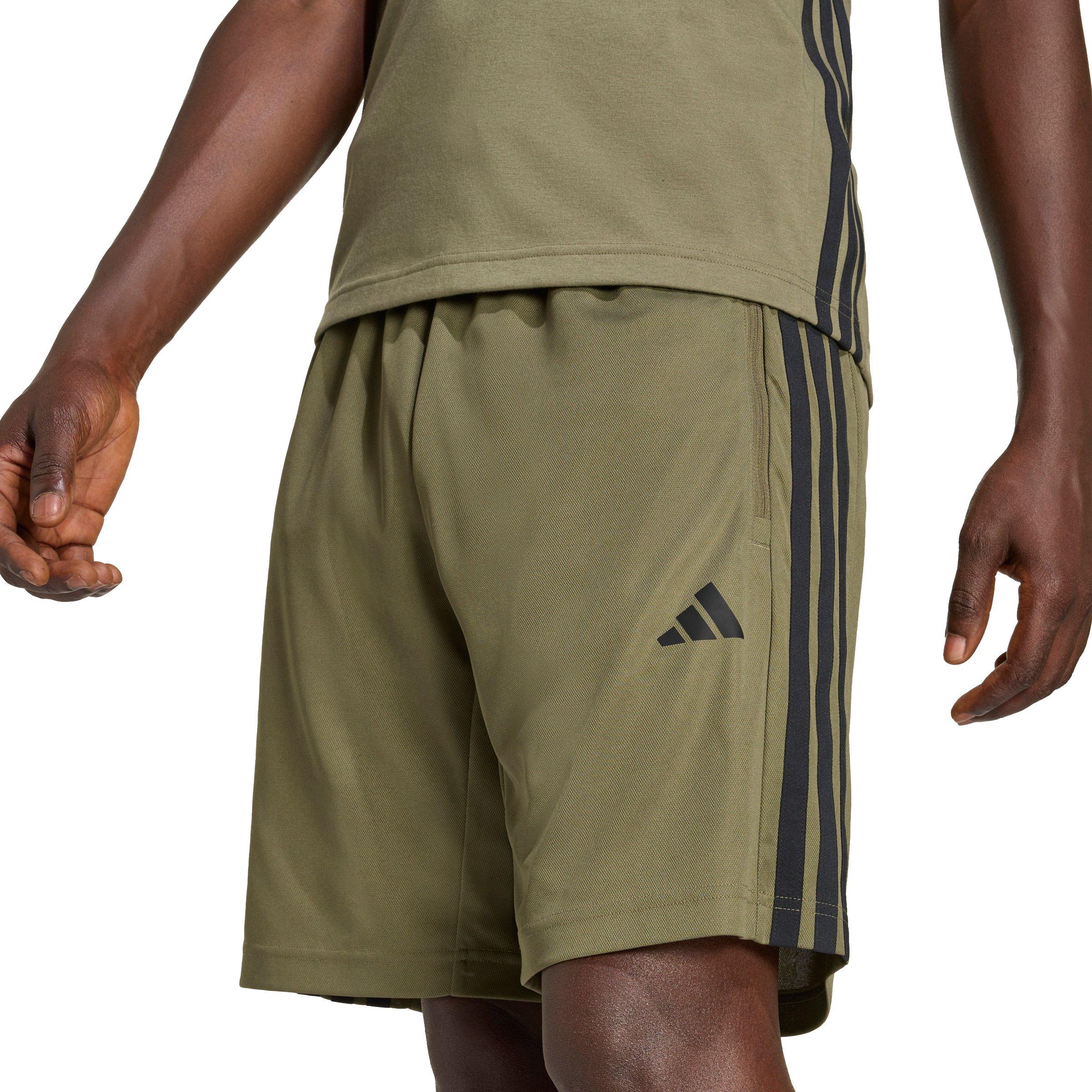 adidas Men's Workout Essentials Base 3-Stripes Pique 9" Shorts - Olive/Black - OLIVE/BLACK Thumbnail View 4