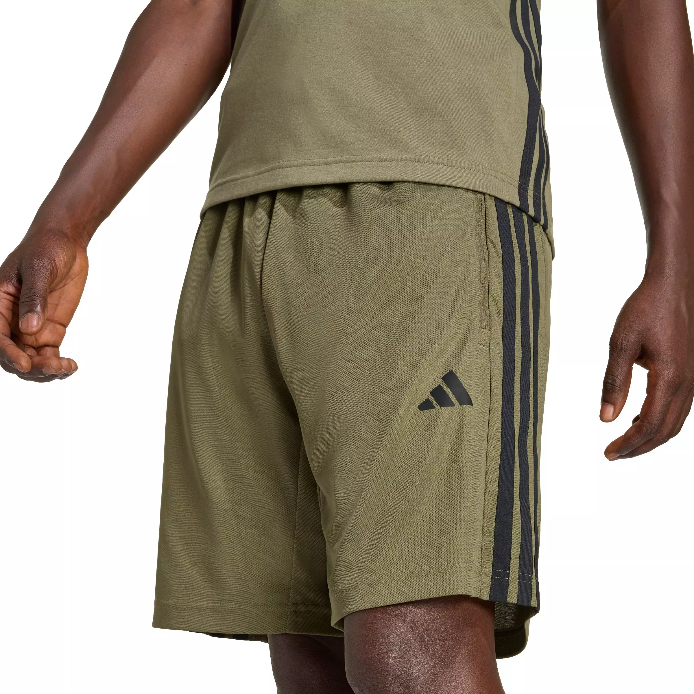 adidas Men's Workout Essentials Base 3-Stripes Pique 9" Shorts - Olive/Black - OLIVE/BLACK