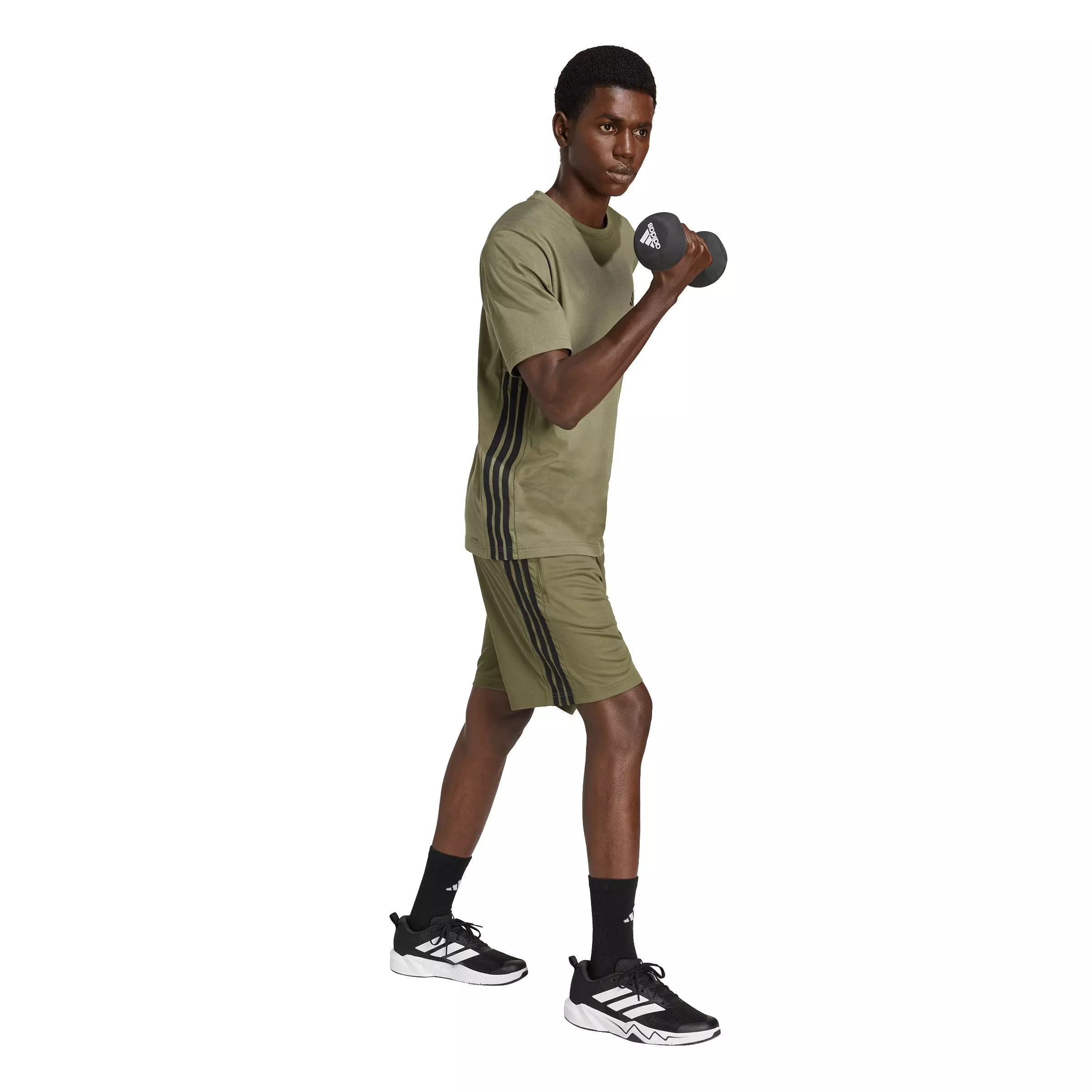 adidas Men's Workout Essentials Base 3-Stripes Pique 9" Shorts - Olive/Black - OLIVE/BLACK