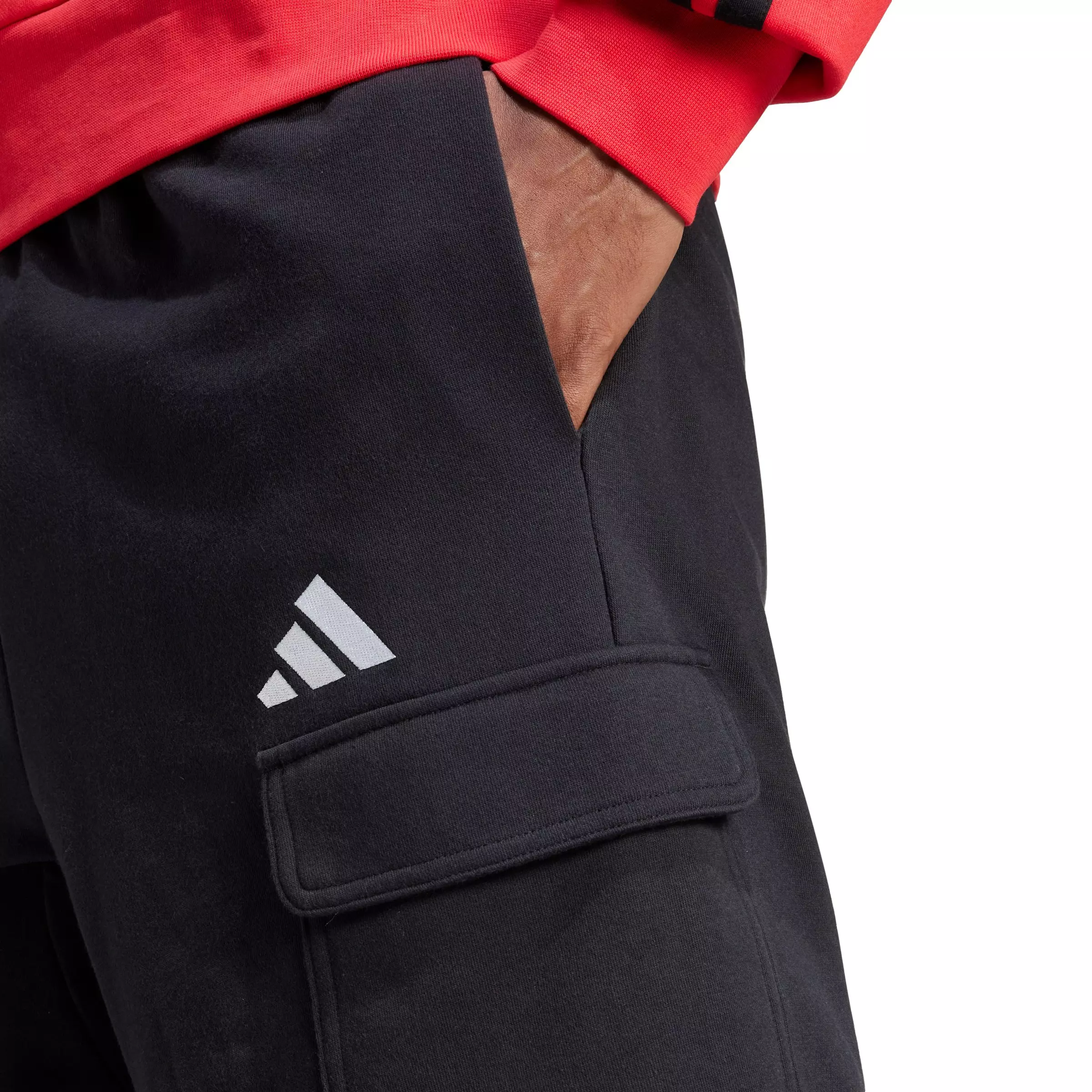 adidas Men's Essentials Feel Cozy French Terry Cargo Shorts - Black/White - BLACK/WHITE