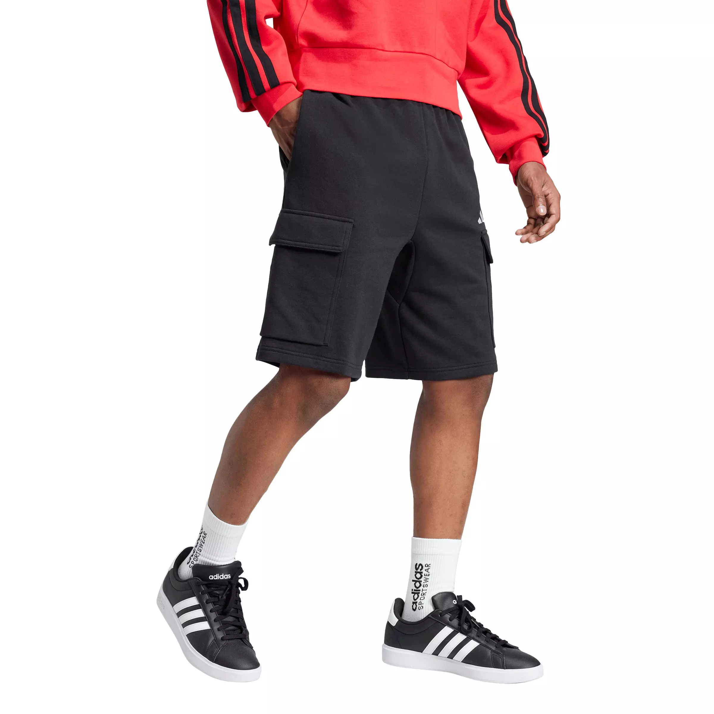 adidas Men's Essentials Feel Cozy French Terry Cargo Shorts - Black/White - BLACK/WHITE