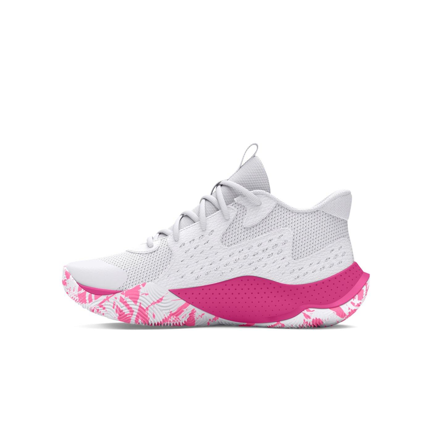 Under Armour Jet '23 "White/Fluo Pink/Astro Pink" Grade School Girls' Basketball Shoe - WHITE/PINK/PINK Thumbnail View 2