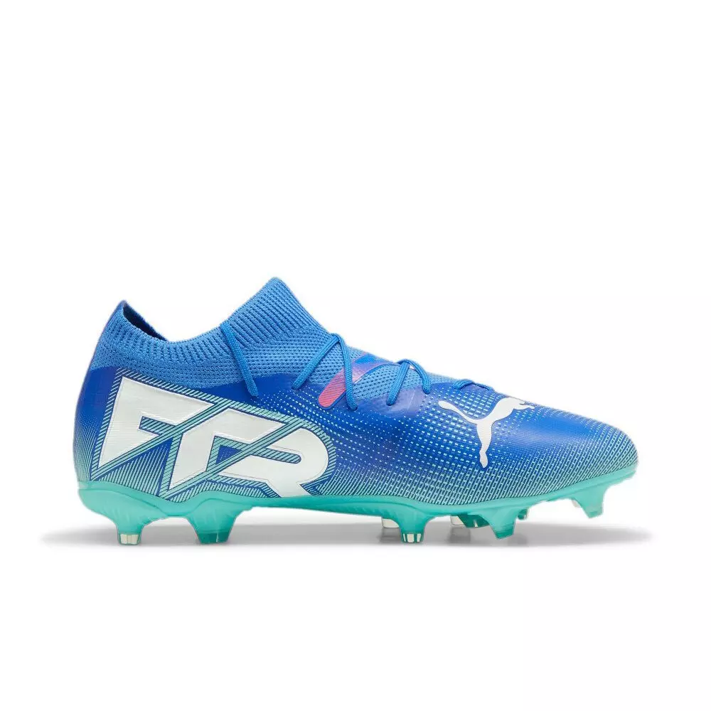 PUMA Future 7 Match FG/AG "Bluemazing/Puma White/Electric Peppermint" Men's Soccer Cleat - BLUE/WHITE/PINK
