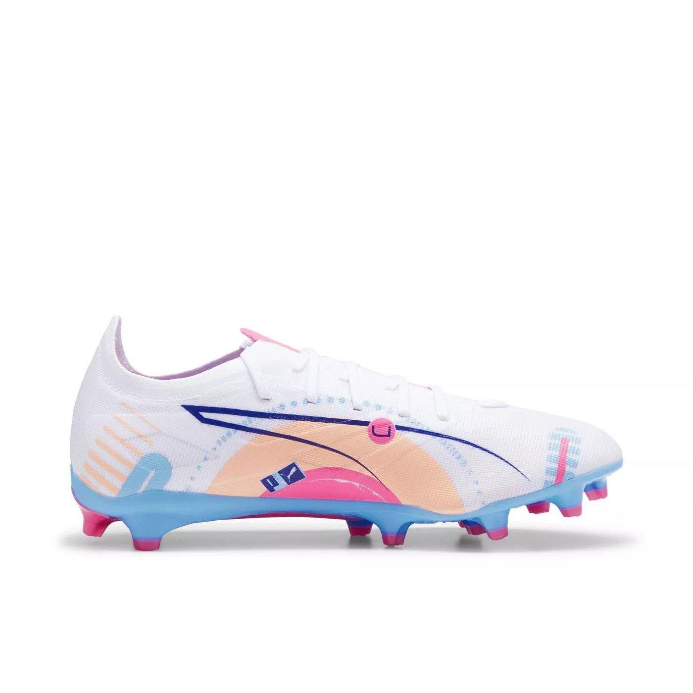 PUMA Ultra 5 Match Vol. Up FG/AG "PUMA White/Luminous Blue/Poison Pink/Fizzy Melon" Men's Soccer Cleat - WHITE/BLUE/PINK Thumbnail View 1