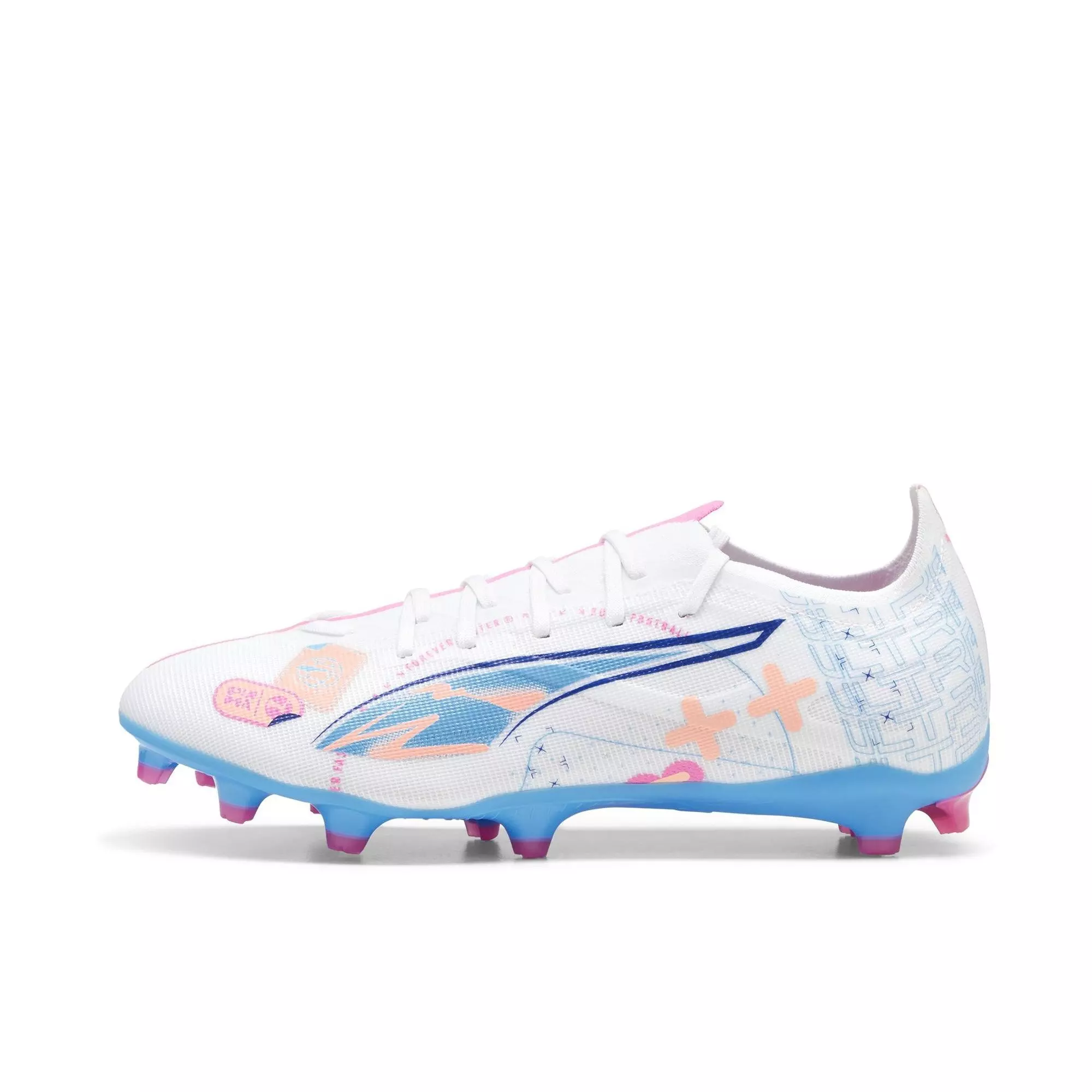PUMA Ultra 5 Match Vol. Up FG/AG "PUMA White/Luminous Blue/Poison Pink/Fizzy Melon" Men's Soccer Cleat - WHITE/BLUE/PINK