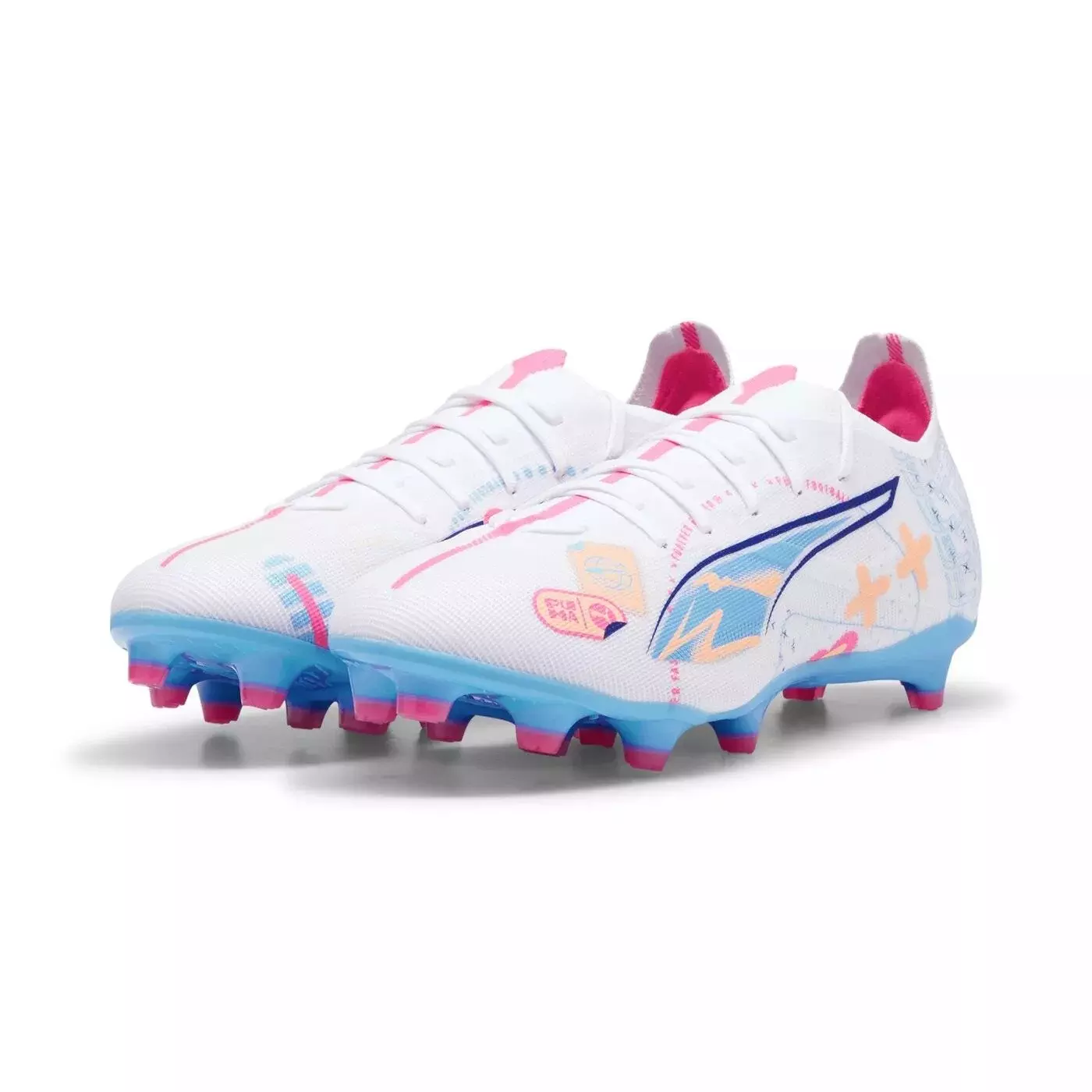 PUMA Ultra 5 Match Vol. Up FG/AG "PUMA White/Luminous Blue/Poison Pink/Fizzy Melon" Men's Soccer Cleat - WHITE/BLUE/PINK