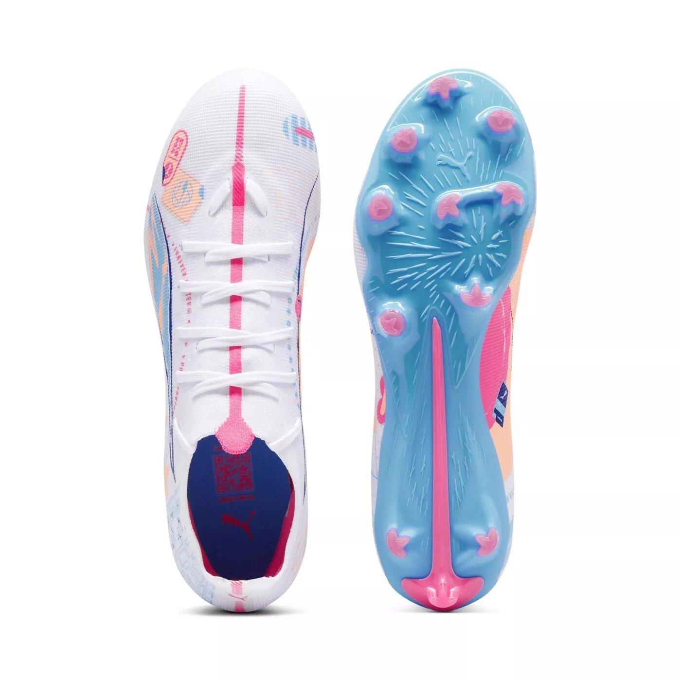 PUMA Ultra 5 Match Vol. Up FG/AG "PUMA White/Luminous Blue/Poison Pink/Fizzy Melon" Men's Soccer Cleat - WHITE/BLUE/PINK Thumbnail View 4