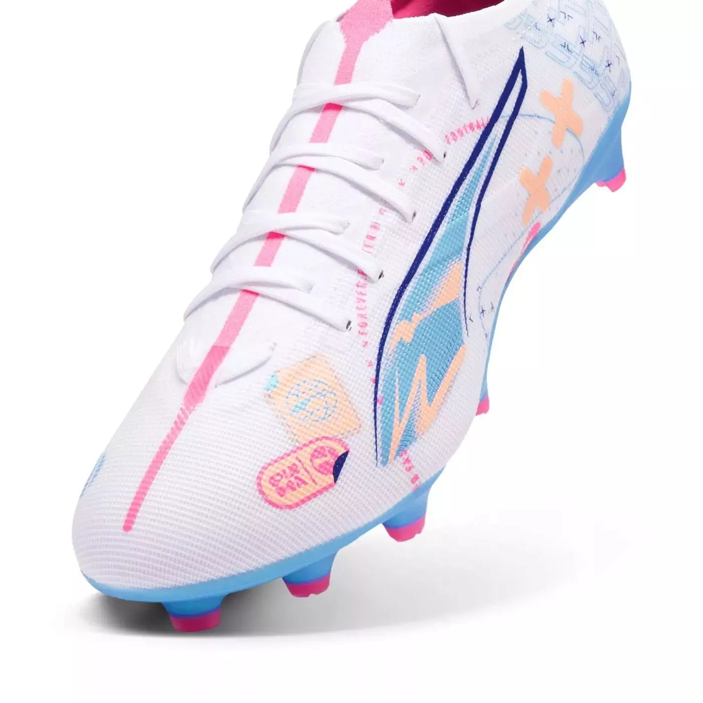 PUMA Ultra 5 Match Vol. Up FG/AG "PUMA White/Luminous Blue/Poison Pink/Fizzy Melon" Men's Soccer Cleat - WHITE/BLUE/PINK