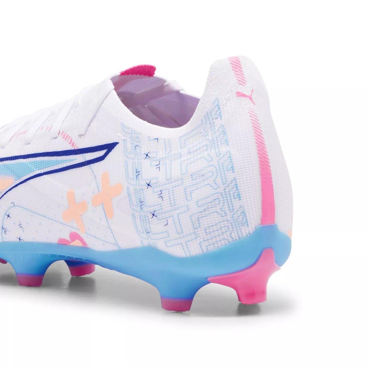 PUMA Ultra 5 Match Vol. Up FG/AG "PUMA White/Luminous Blue/Poison Pink/Fizzy Melon" Men's Soccer Cleat - WHITE/BLUE/PINK Thumbnail View 6