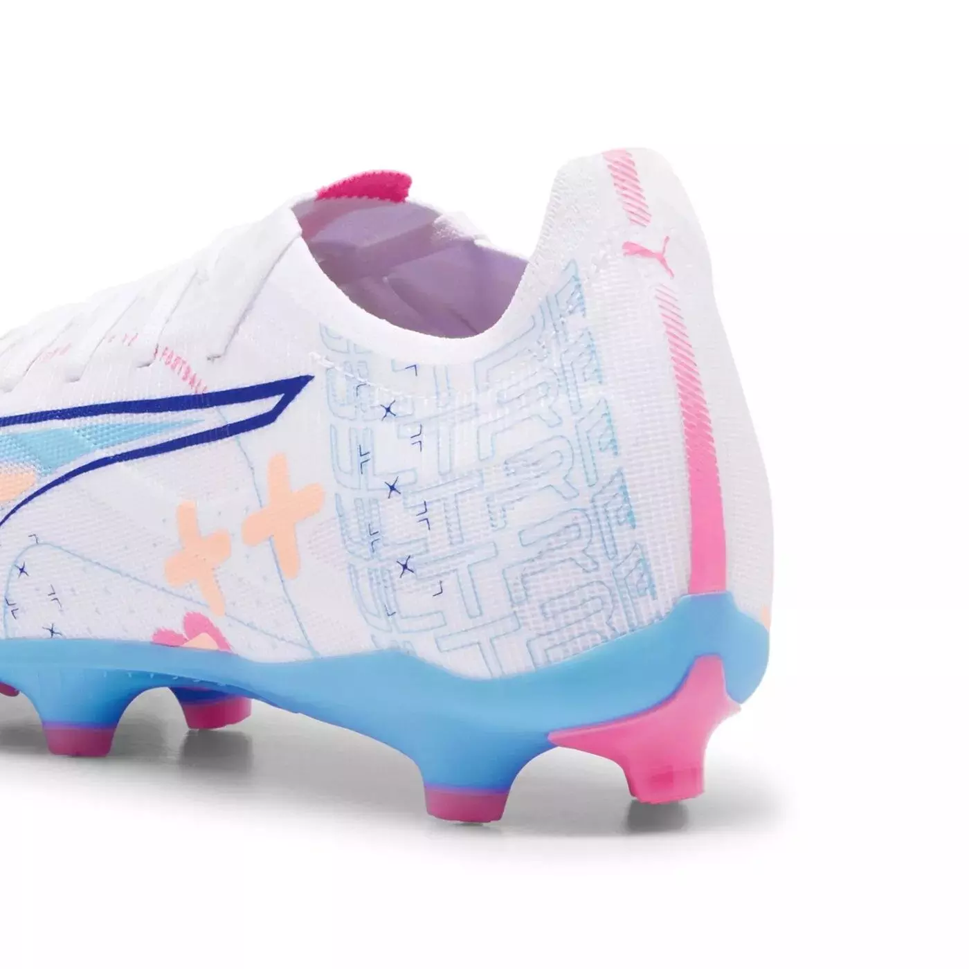 PUMA Ultra 5 Match Vol. Up FG/AG "PUMA White/Luminous Blue/Poison Pink/Fizzy Melon" Men's Soccer Cleat - WHITE/BLUE/PINK