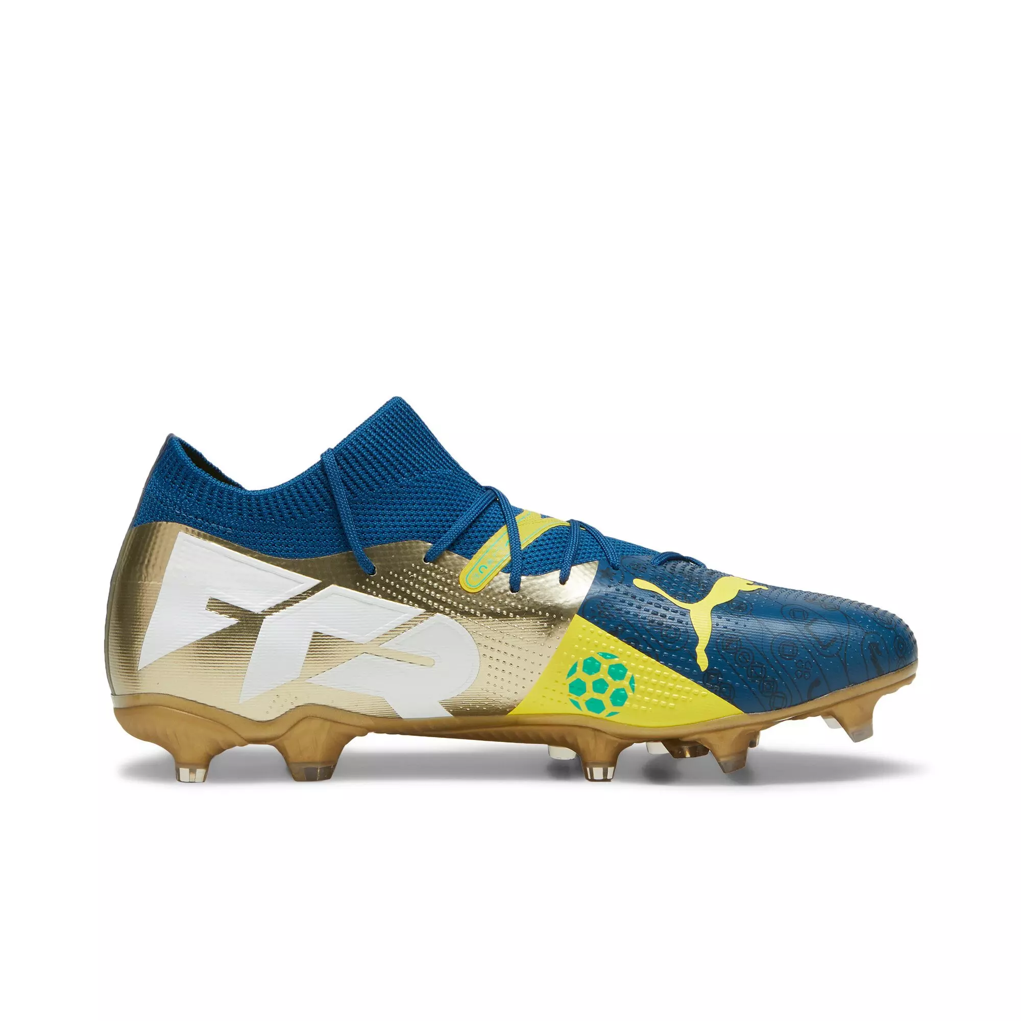 PUMA Future 7 Match BNA FG/AG "Sailing Blue/Marine Blue/Pelé Yellow/Grassy Green" Men's Soccer Cleat - BLUE/YELLOW/GREEN