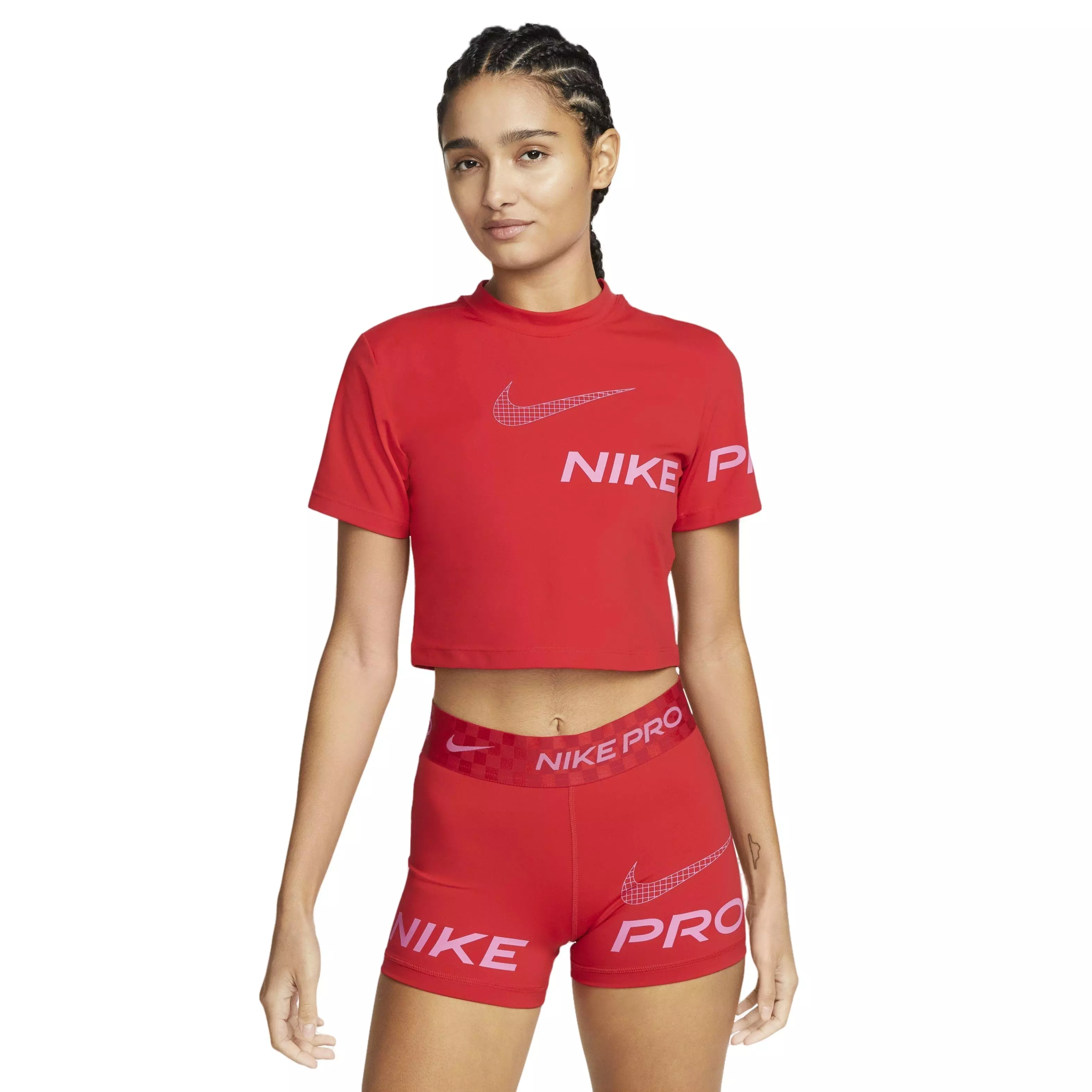 Nike Women's Pro Dri-FIT Short-Sleeve Cropped Graphic Training Top - RED