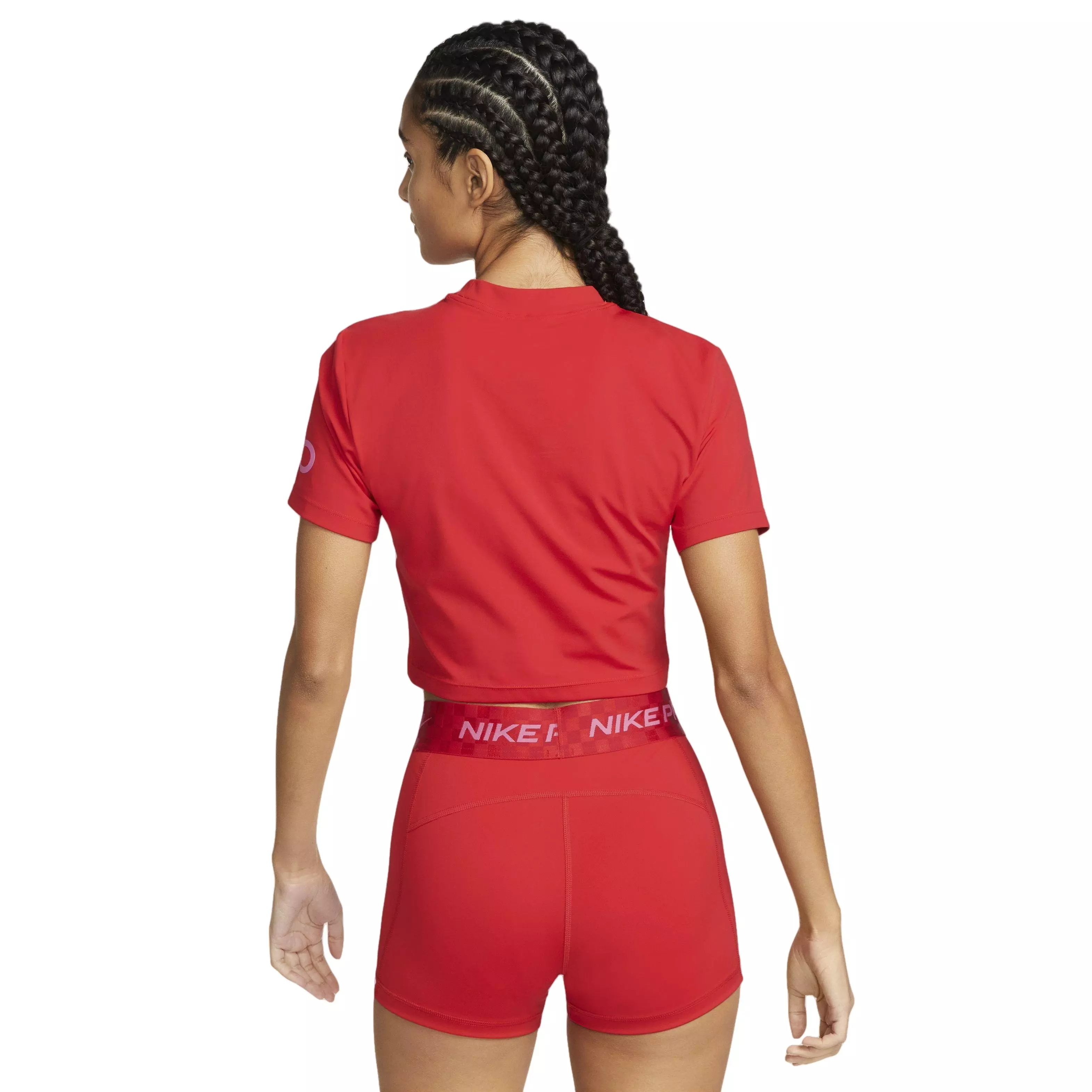 Nike Women's Pro Dri-FIT Short-Sleeve Cropped Graphic Training Top - RED