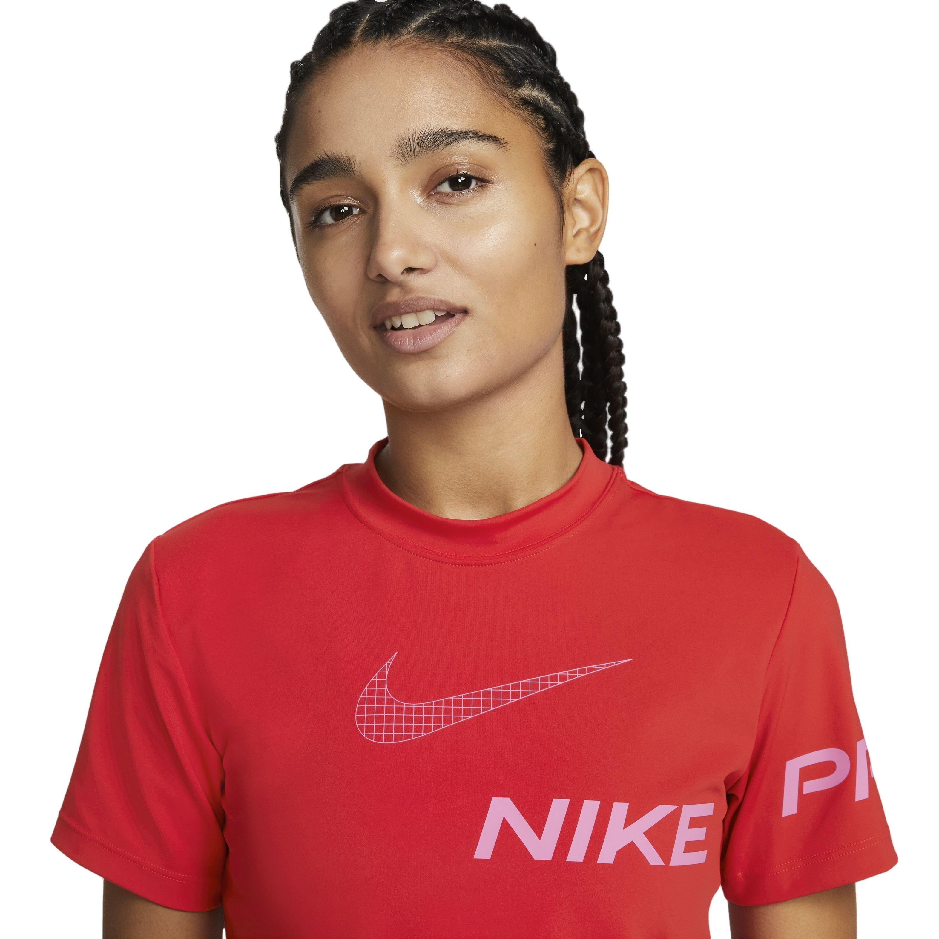 Nike Women's Pro Dri-FIT Short-Sleeve Cropped Graphic Training Top - RED Thumbnail View 3