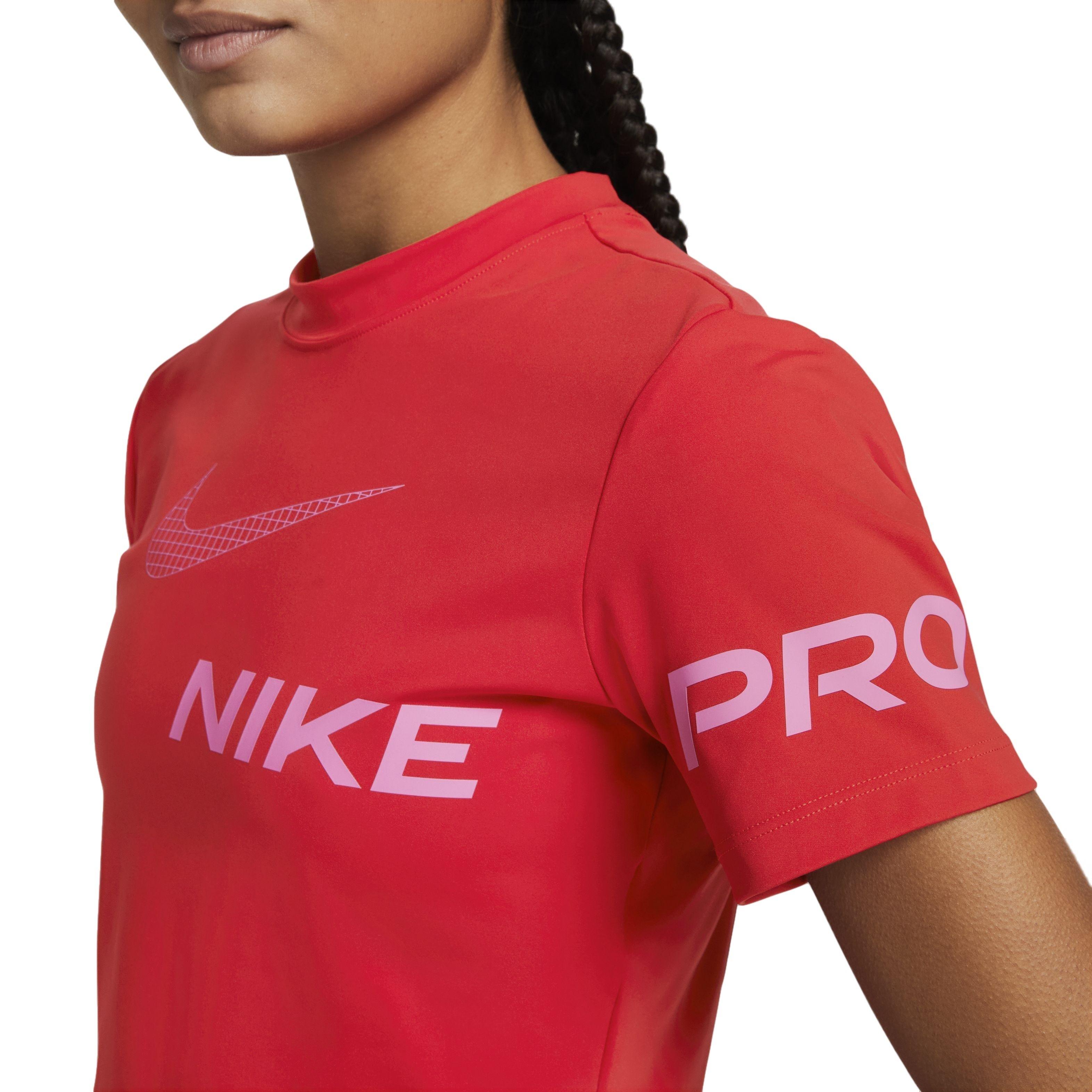 Nike Women's Pro Dri-FIT Short-Sleeve Cropped Graphic Training Top - RED Thumbnail View 4