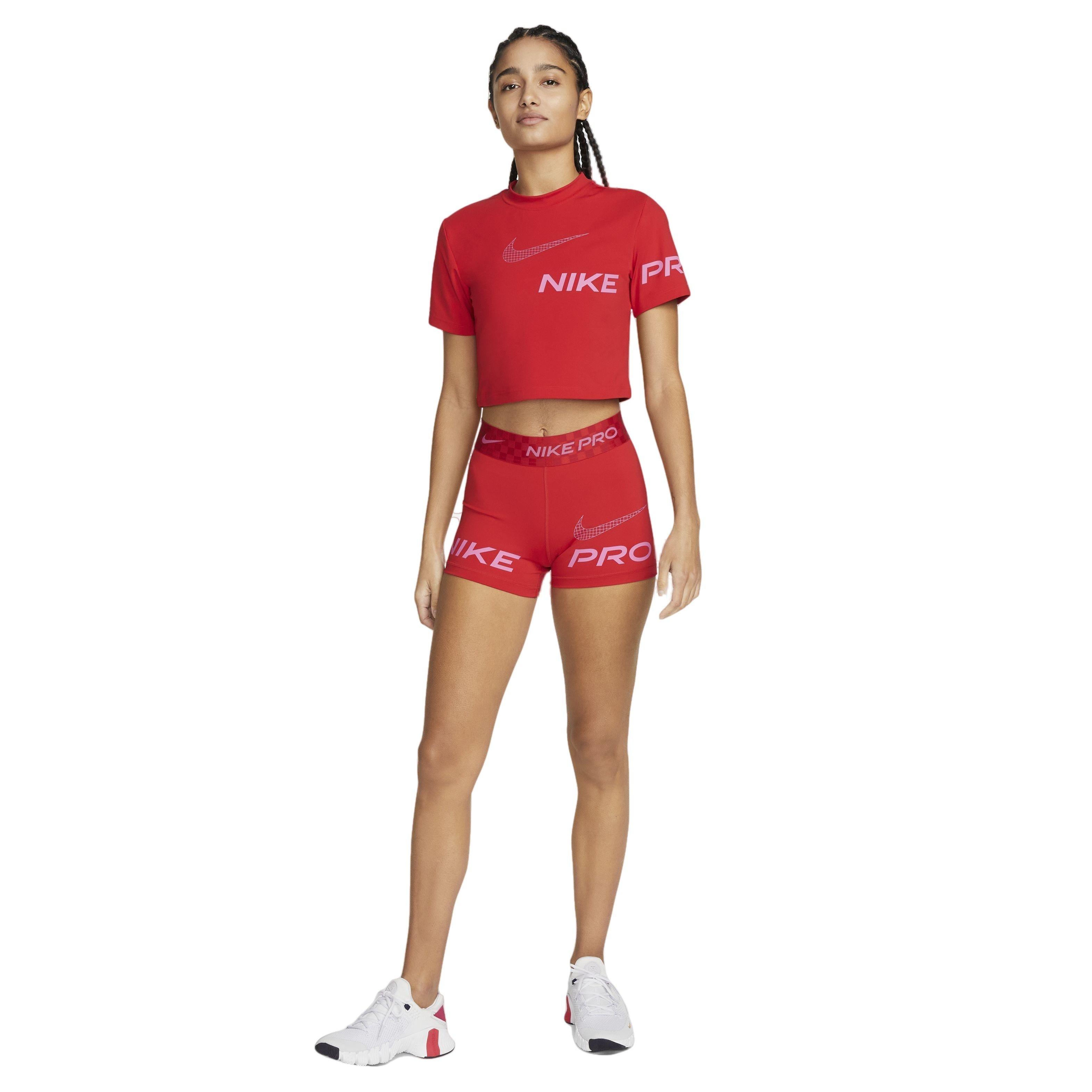 Nike Women's Pro Dri-FIT Short-Sleeve Cropped Graphic Training Top - RED Thumbnail View 5