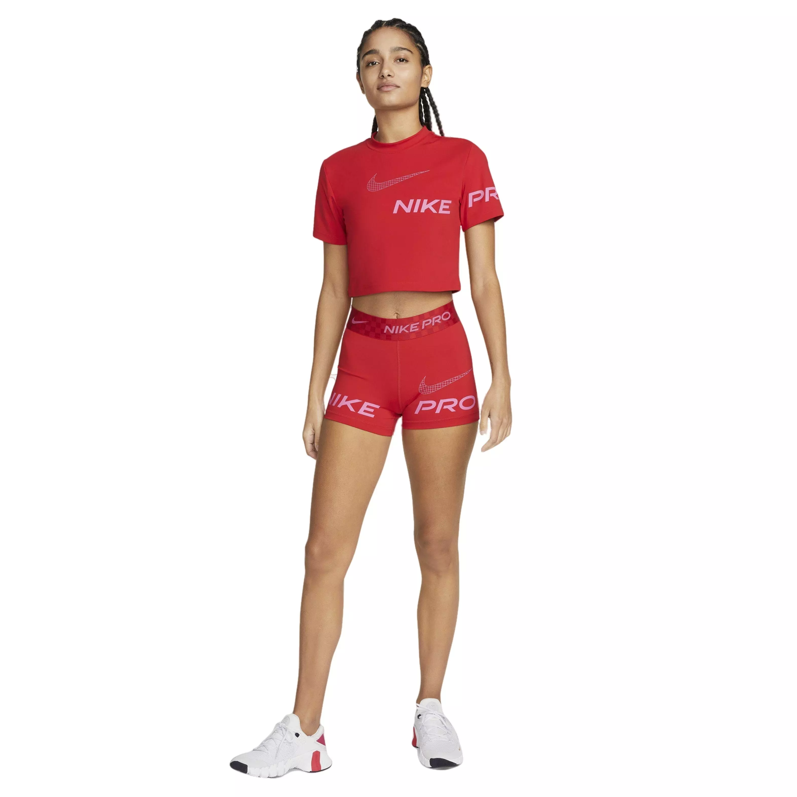 Nike Women's Pro Dri-FIT Short-Sleeve Cropped Graphic Training Top - RED