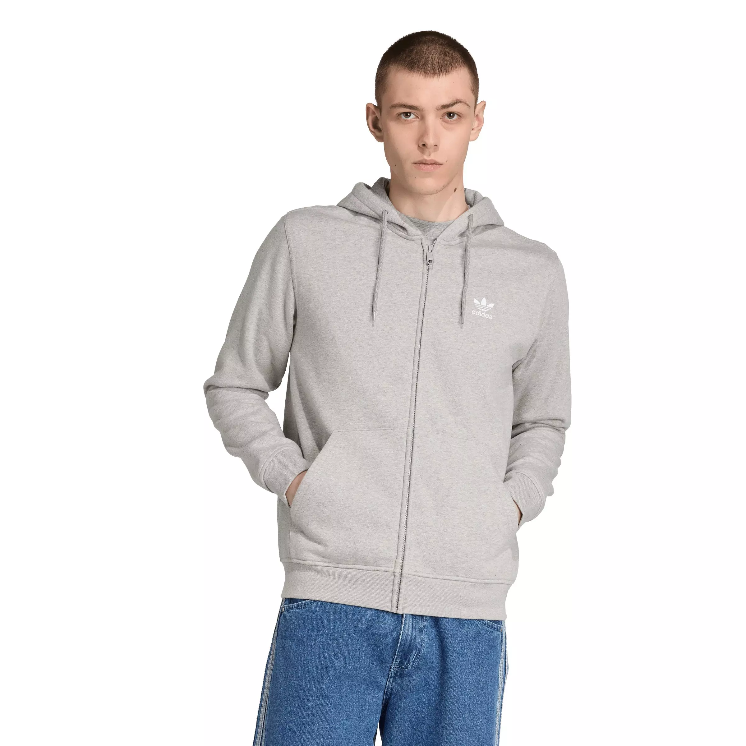 adidas Originals Men's Trefoil Essentials Full-Zip Hooded Jacket - Grey/White - GREY/WHITE
