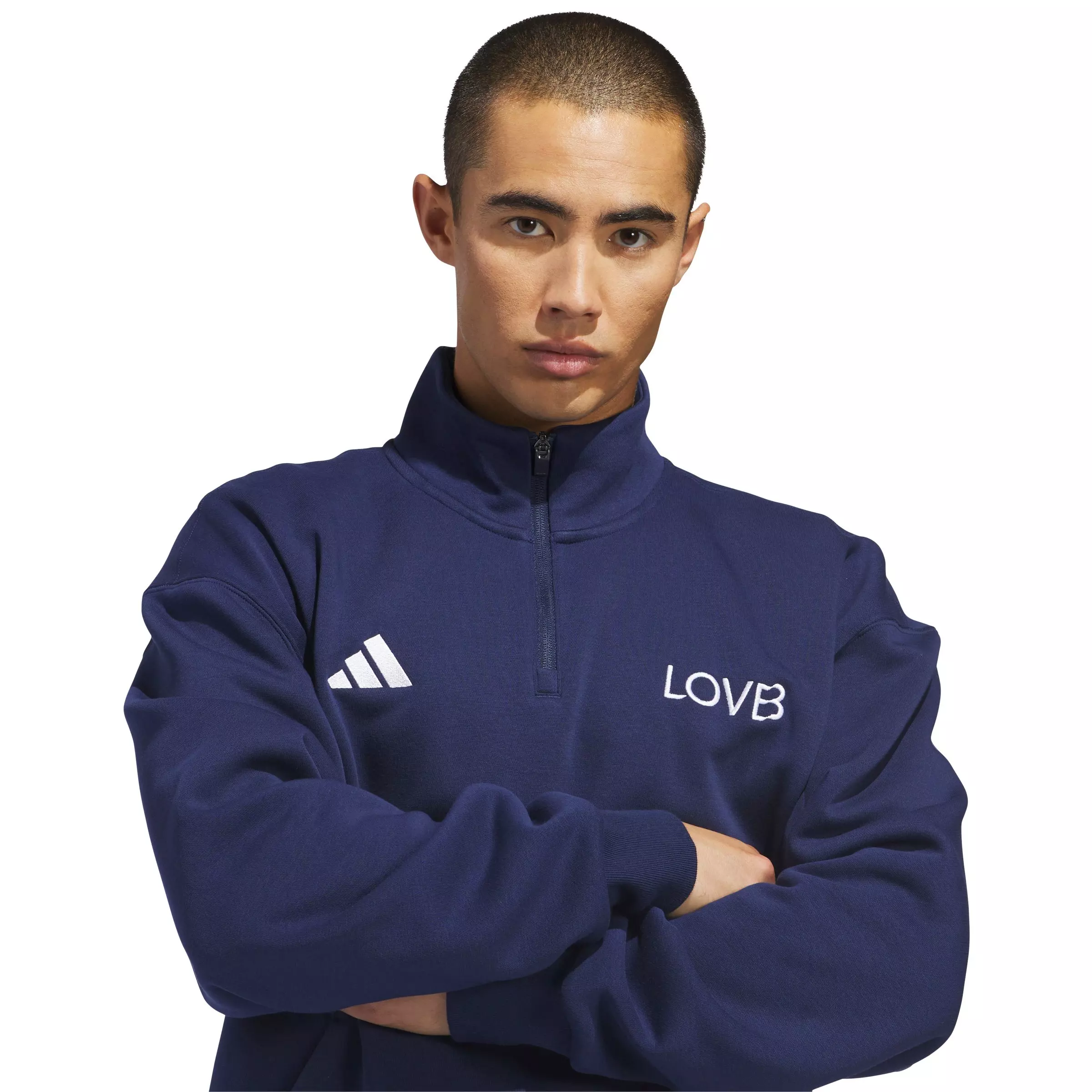 adidas Men's LOVB Fleece Graphics Quarter-Zip Sweatshirt - Navy - NAVY