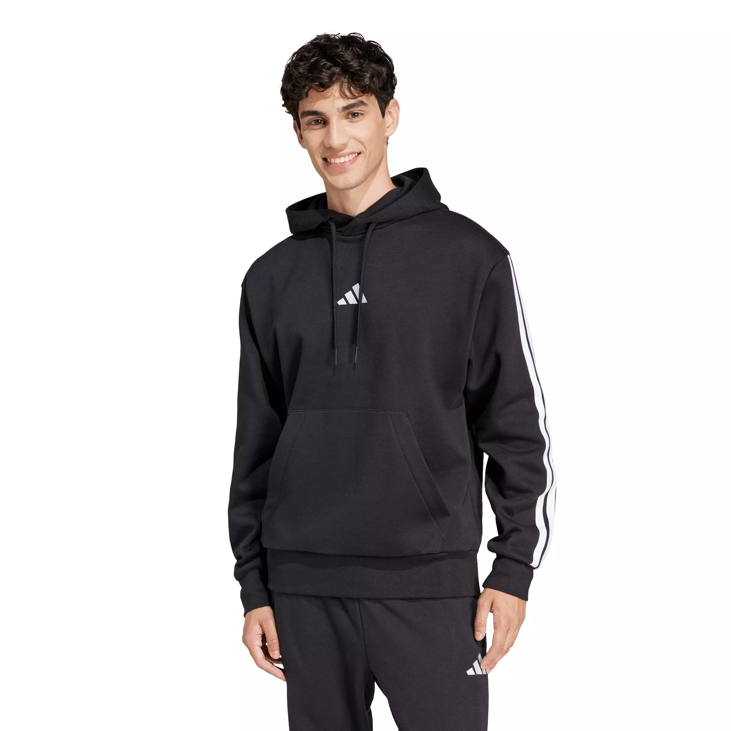 adidas Men's Essentials 3-Stripes Fleece Hoodie - Black/White - BLACK/WHITE