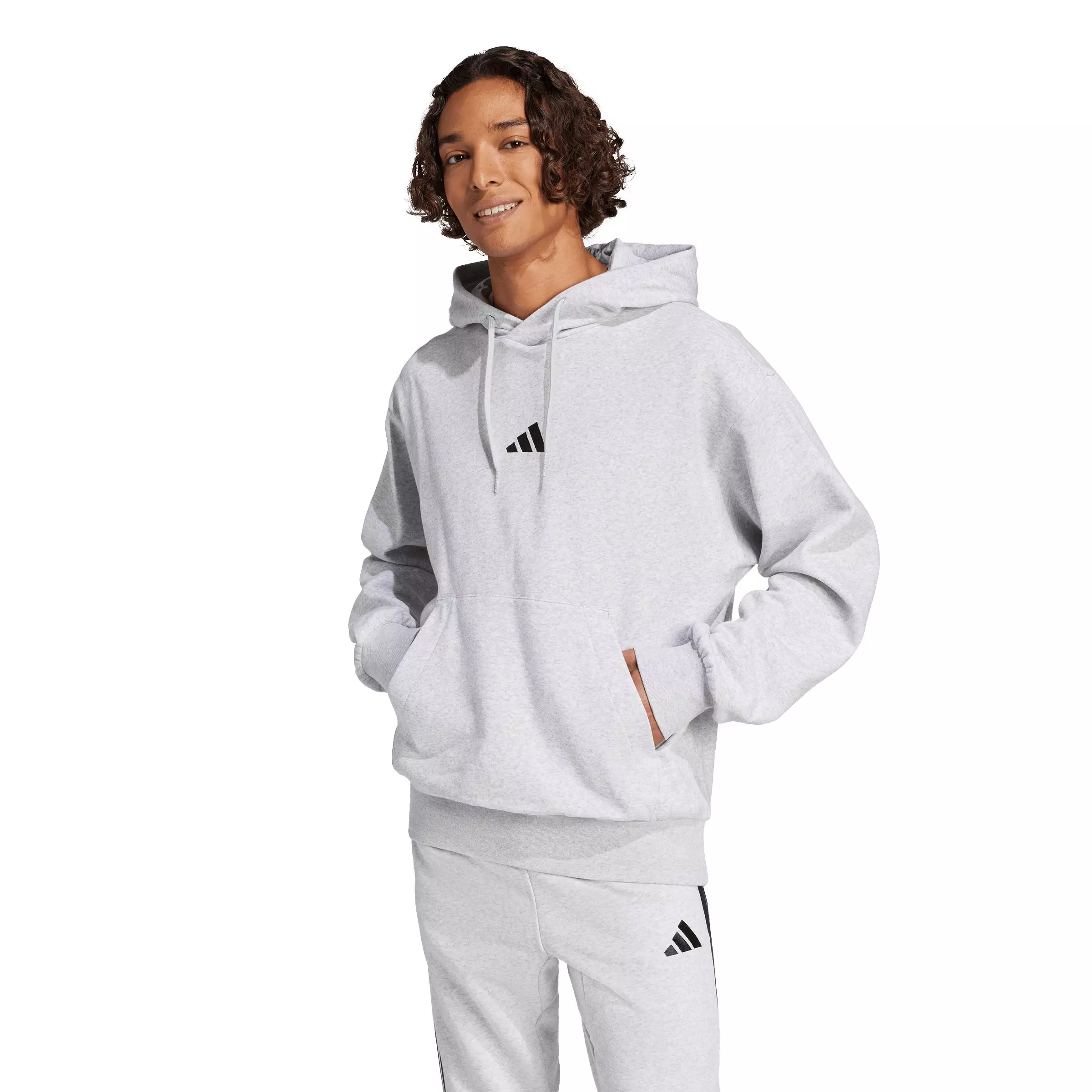 adidas Men's Essentials Feelcozy Fleece Hoodie - Light Grey/Black - LIGHT GREY/BLACK