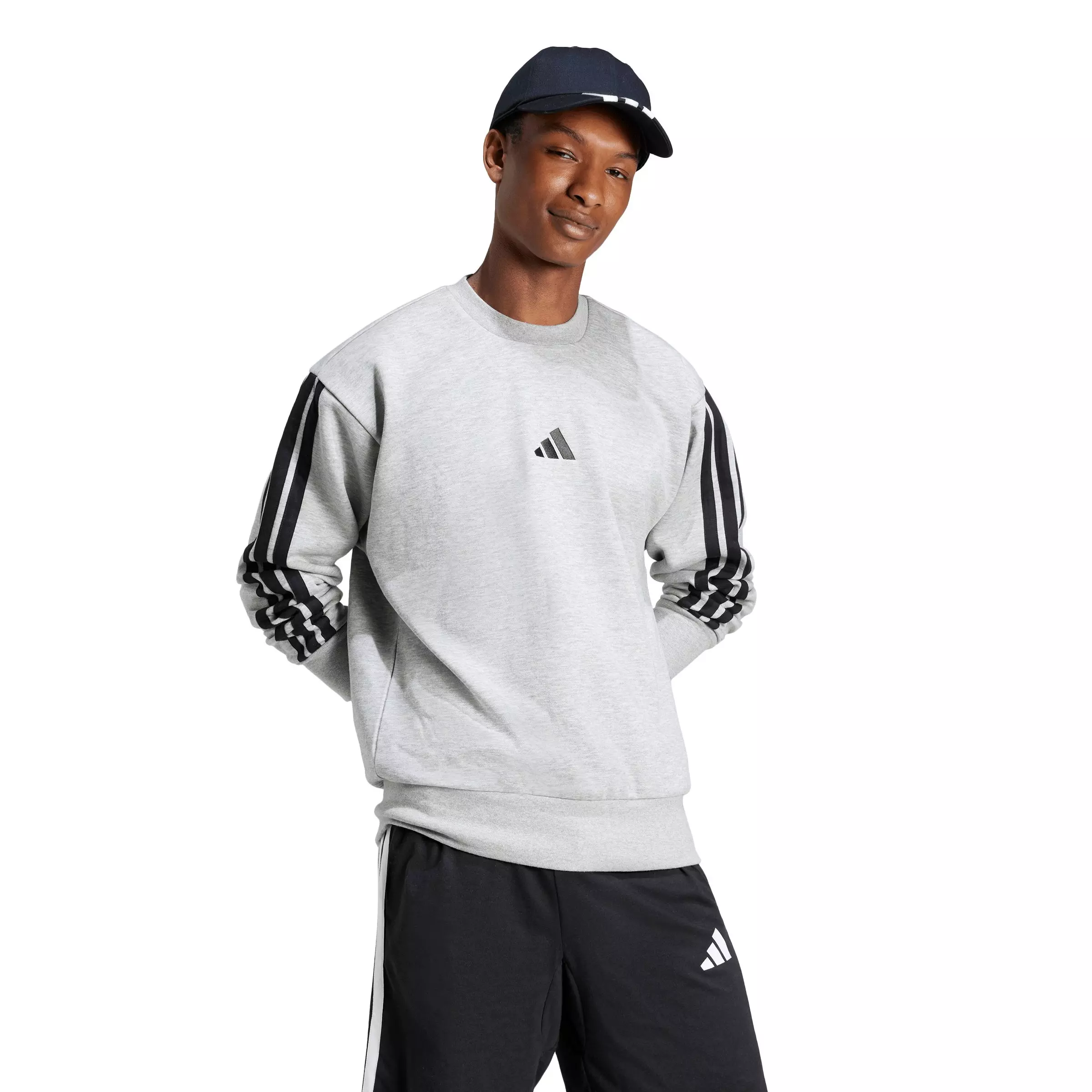 adidas Men's Essentials 3-Stripes Fleece Sweatshirt - Grey/Black - GREY/BLACK