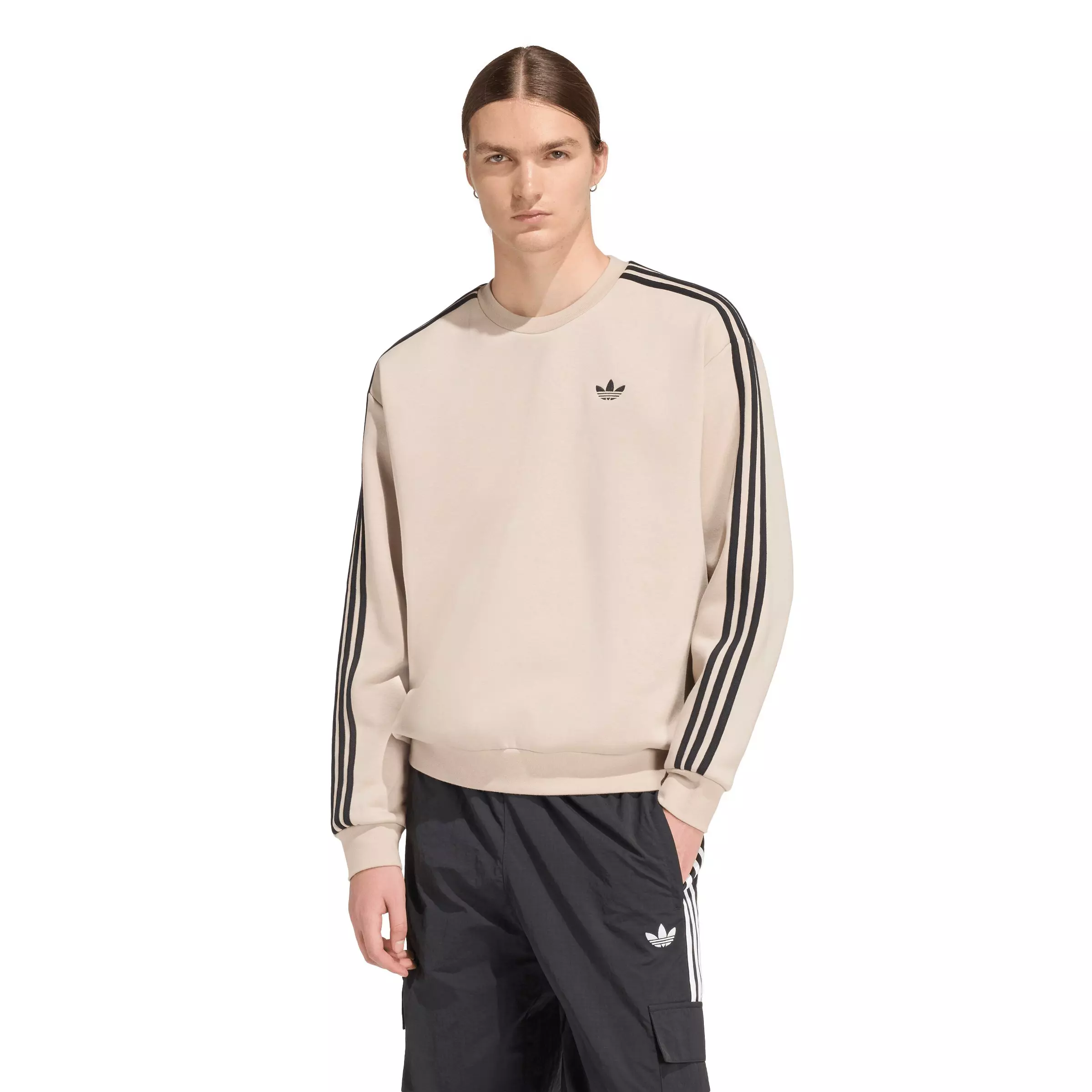 adidas Originals Men's Adicolor 3-Stripes Oversized Crewneck Sweatshirt - Beige/Black - BEIGE/BLACK