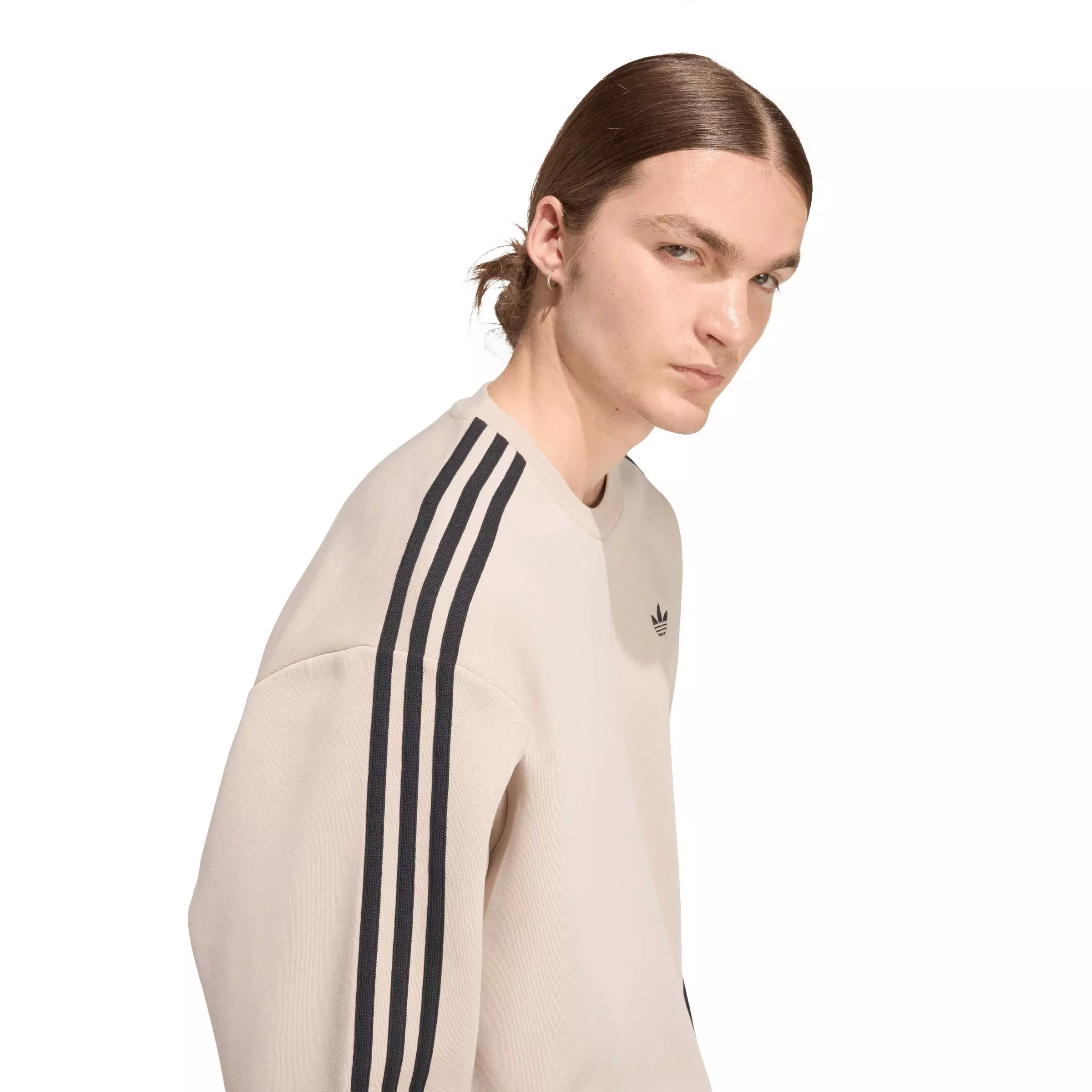 adidas Originals Men's Adicolor 3-Stripes Oversized Crewneck Sweatshirt - Beige/Black - BEIGE/BLACK
