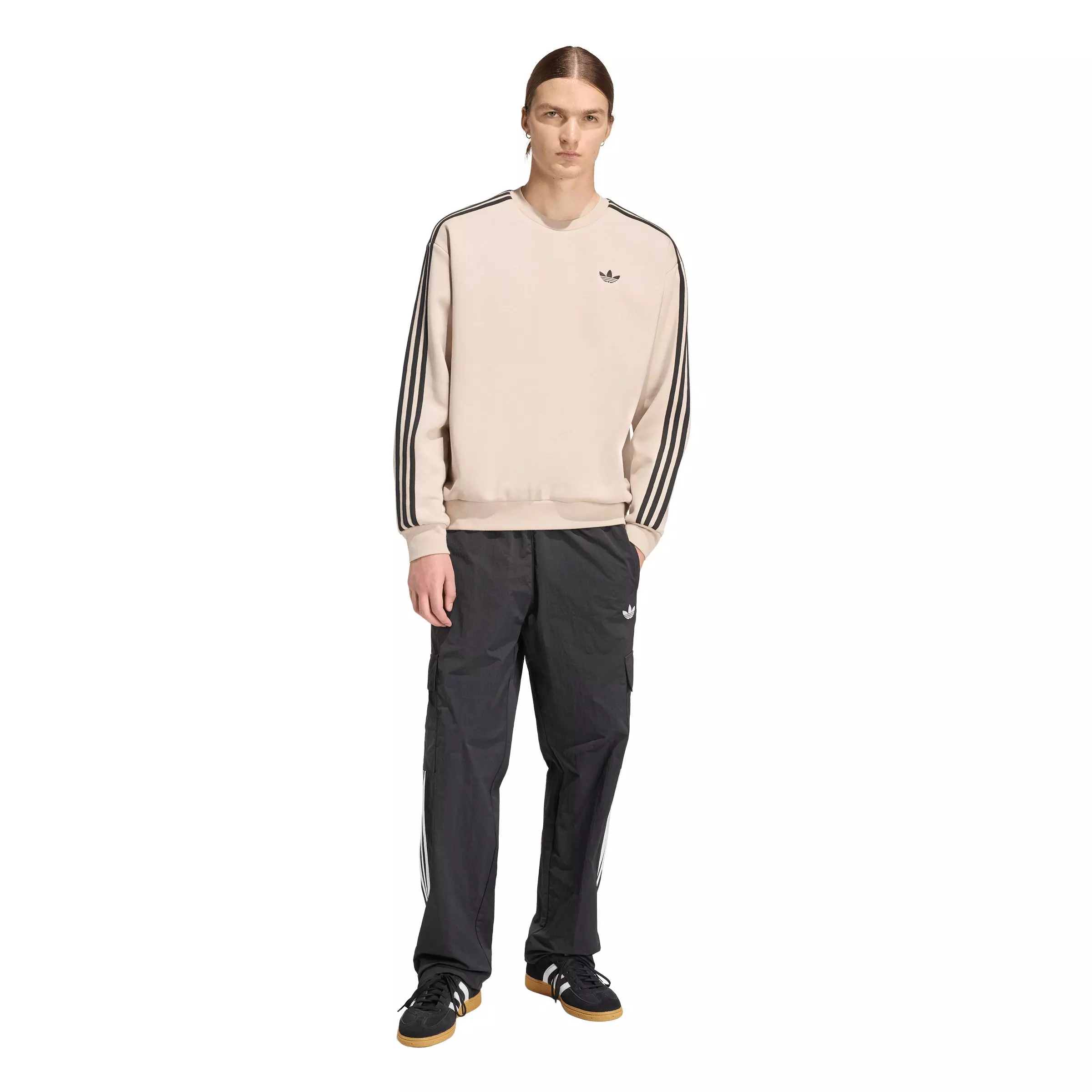 adidas Originals Men's Adicolor 3-Stripes Oversized Crewneck Sweatshirt - Beige/Black - BEIGE/BLACK