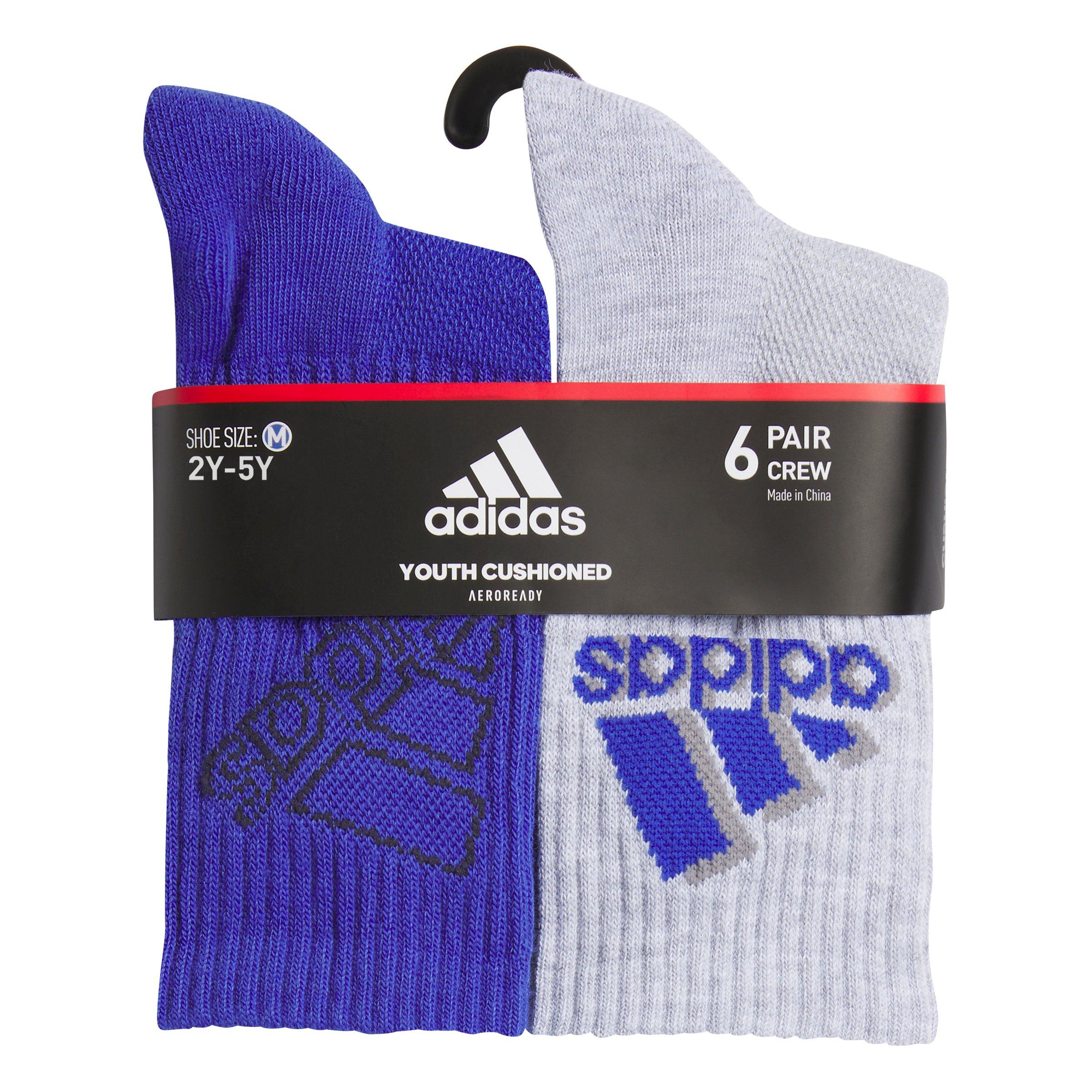 adidas Kids' Cushioned Mixed 2.0 6-Pack Grey/White/Blue Crew Socks