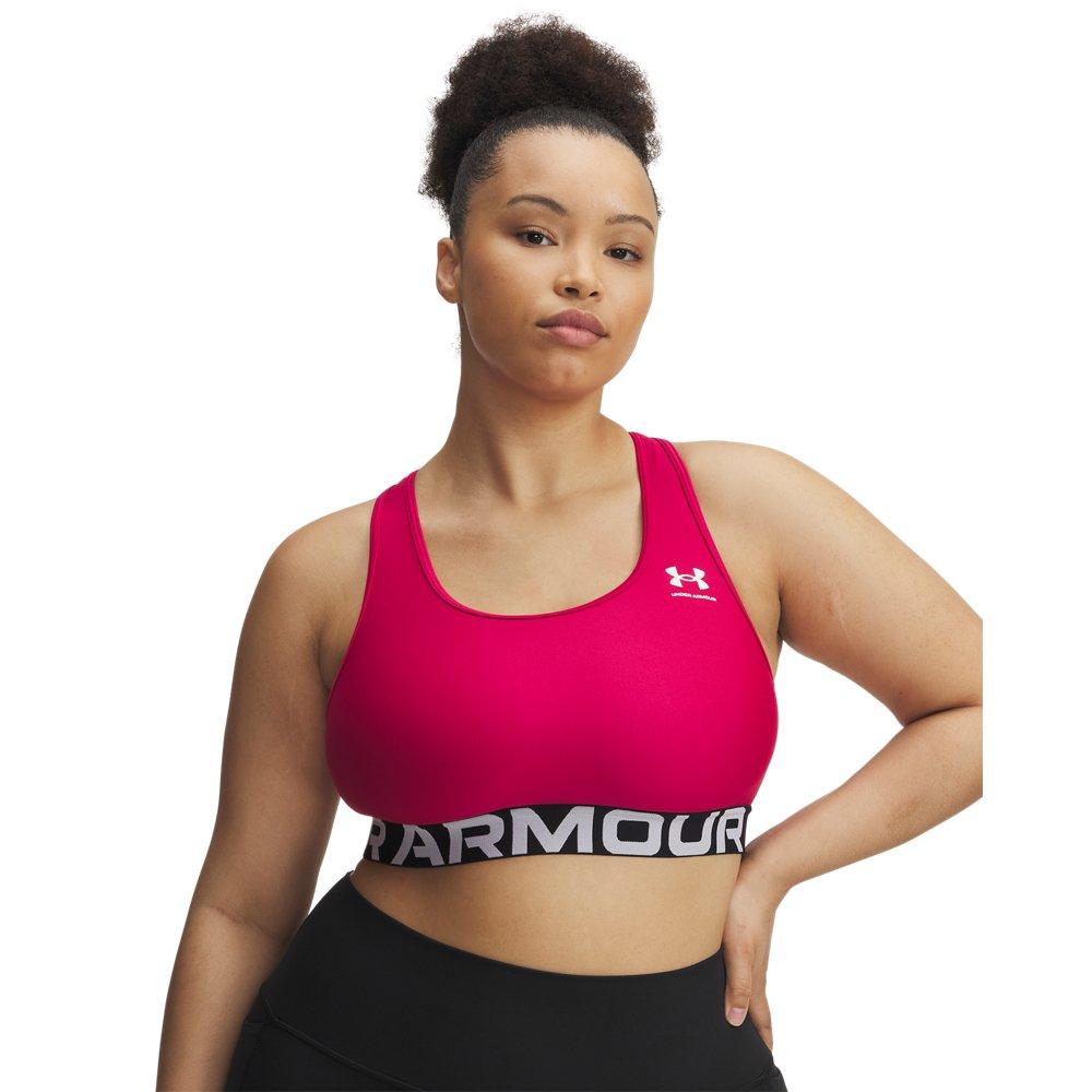 Under Armour Women's HeatGear Armour Mid Branded Medium Support Sports Bra - Pink/White - PINK/WHITE Thumbnail View 1