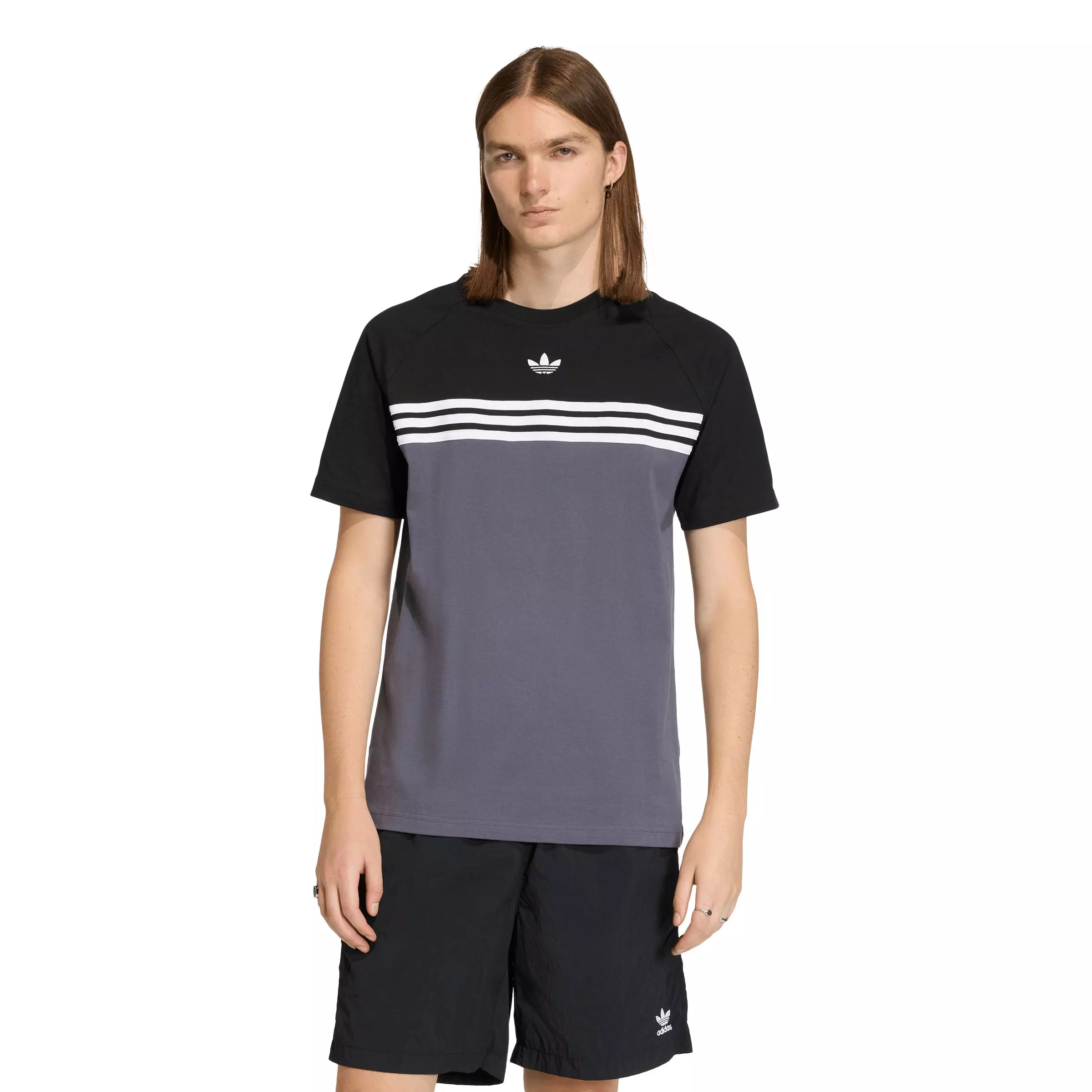adidas Originals Men's Chest Stripes Tee - Grey/Black - GREY/BLACK