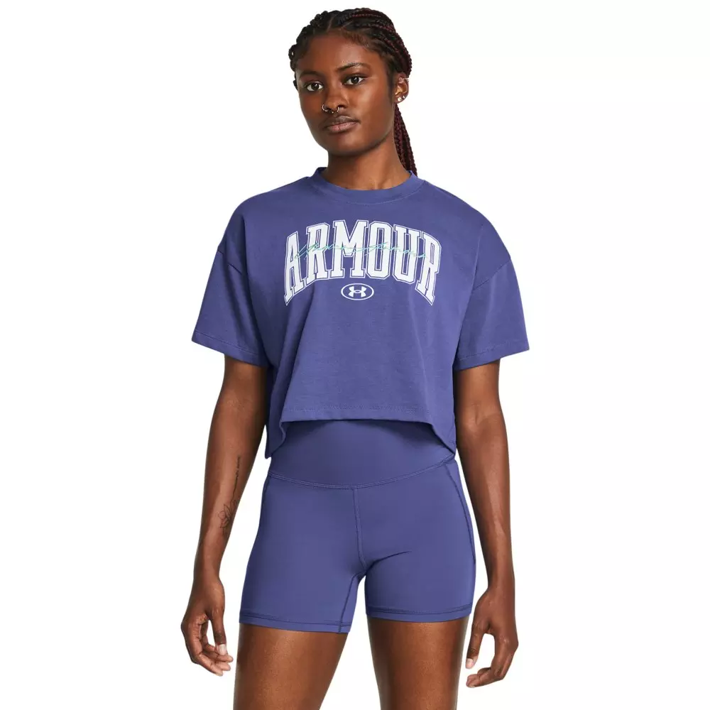Under Armour Women's Heavyweight Scripted Workmark Cropped Short Sleeve - Blue - BLUE