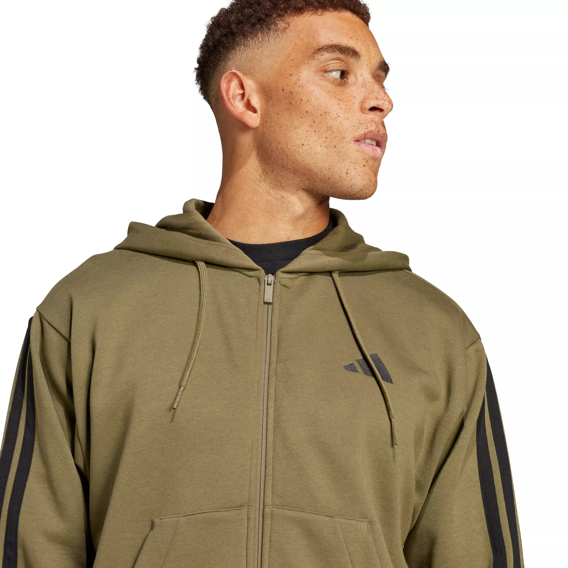 adidas Men's Essentials 3-Stripes Fleece Hoodie - Olive/Black - OLIVE/BLACK