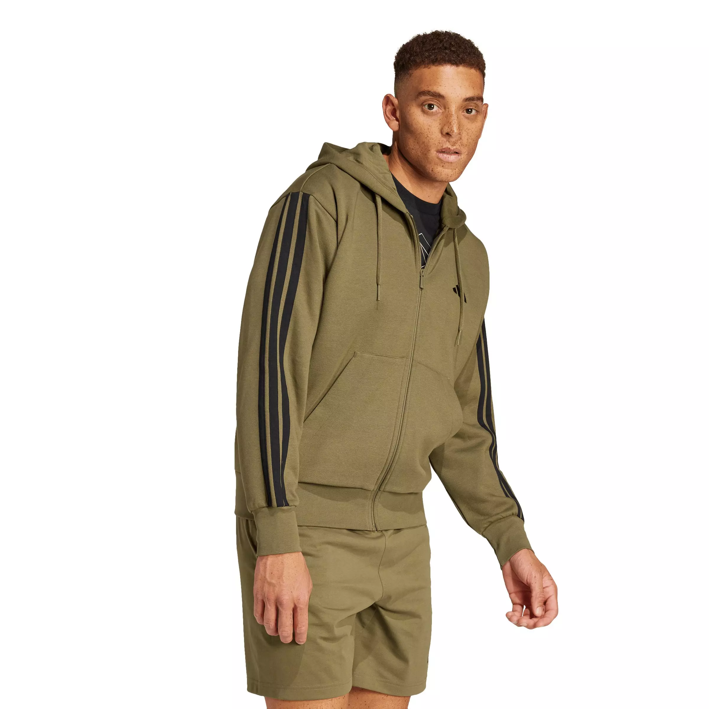 adidas Men's Essentials 3-Stripes Fleece Hoodie - Olive/Black - OLIVE/BLACK