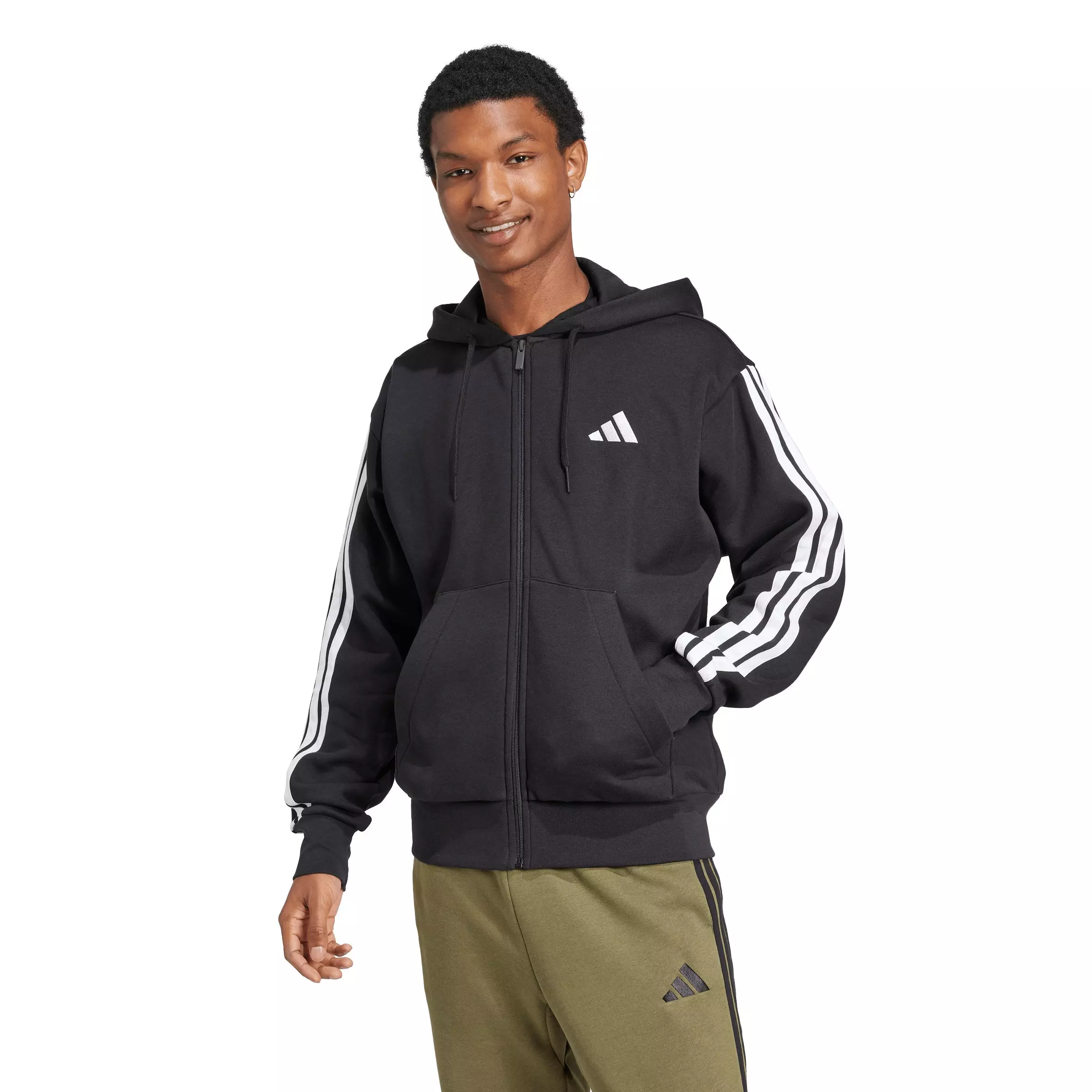 adidas Men's Essentials 3-Stripes Fleece Full-Zip Hooded Jacket - Black/White - BLACK/WHITE