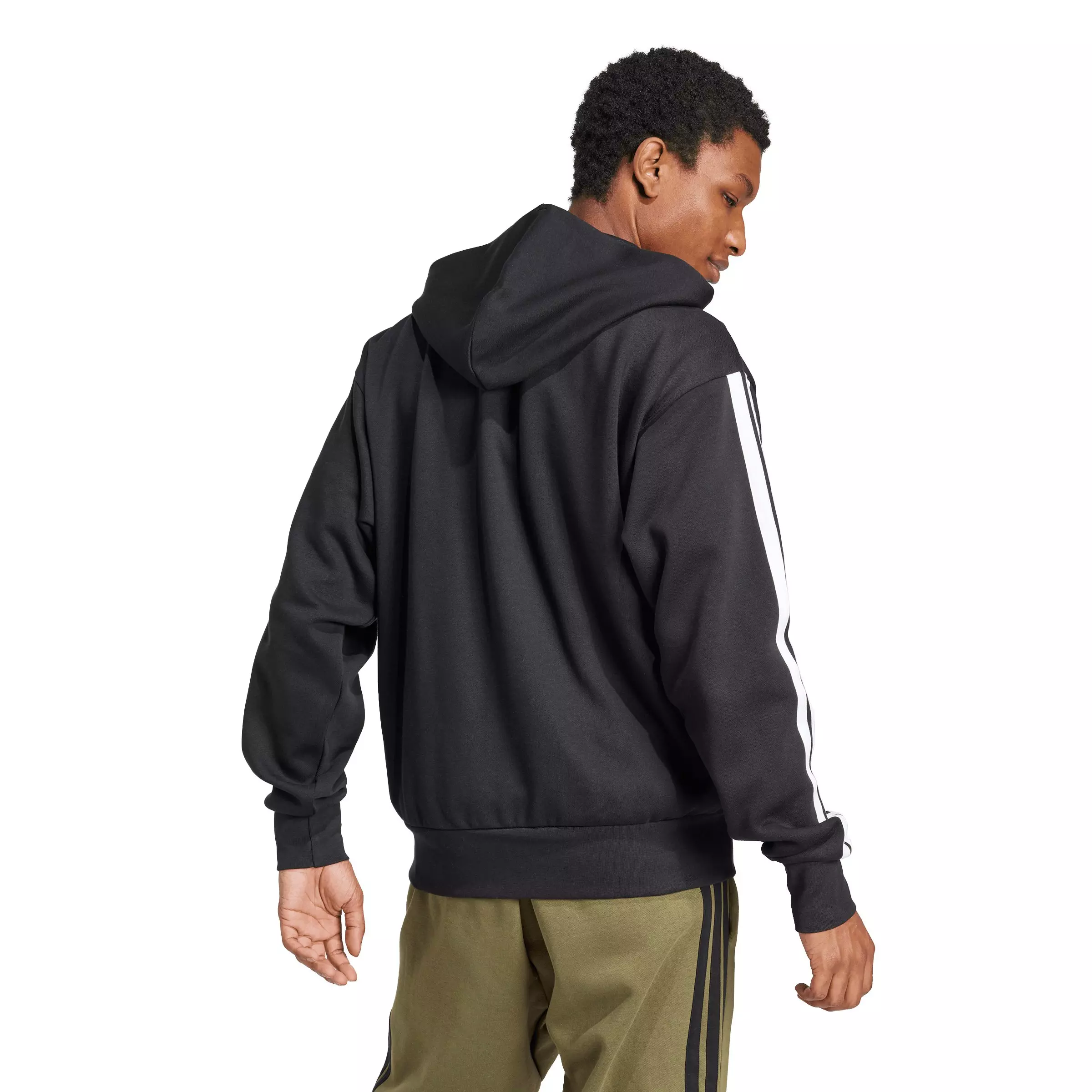 adidas Men's Essentials 3-Stripes Fleece Full-Zip Hooded Jacket - Black/White - BLACK/WHITE
