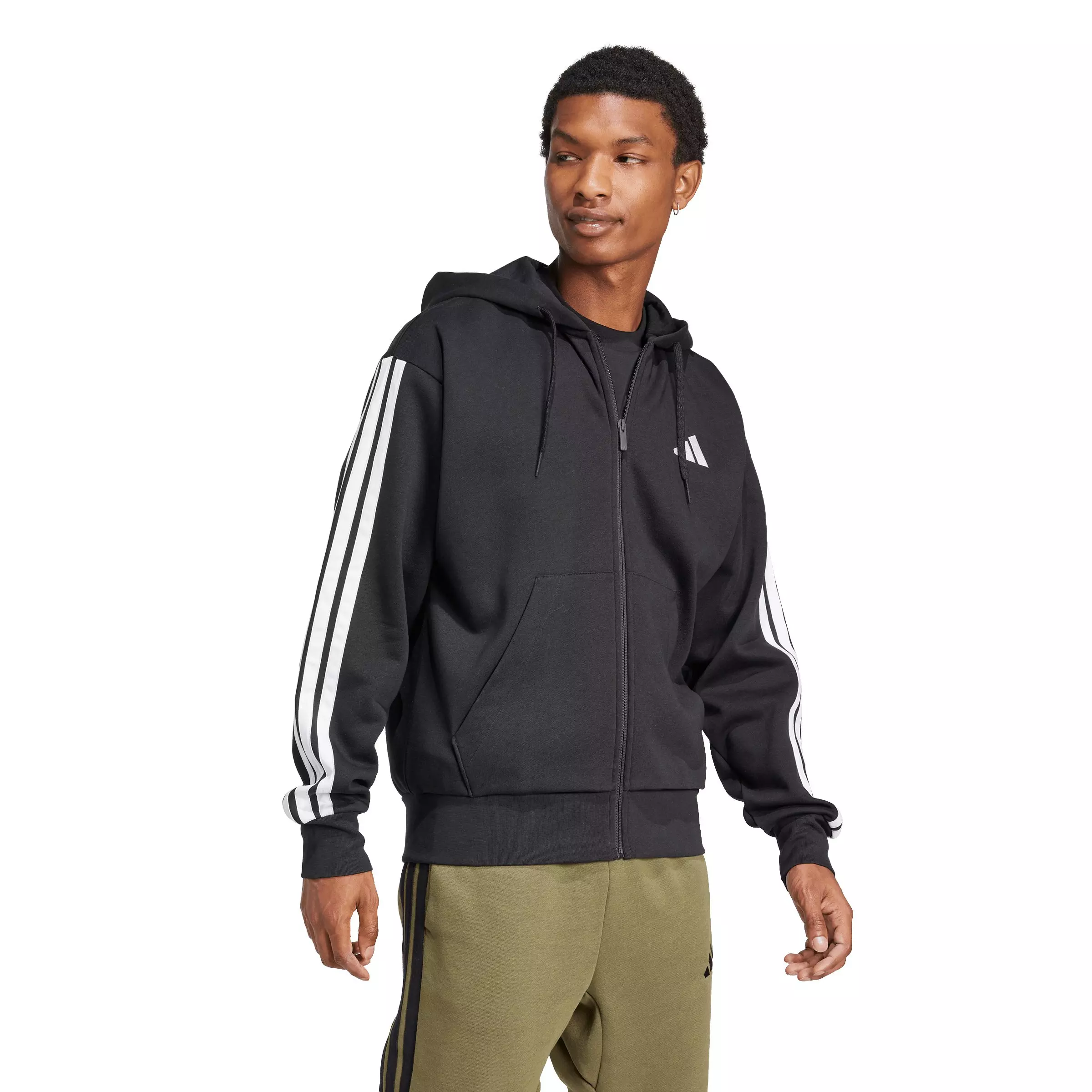 adidas Men's Essentials 3-Stripes Fleece Full-Zip Hooded Jacket - Black/White - BLACK/WHITE