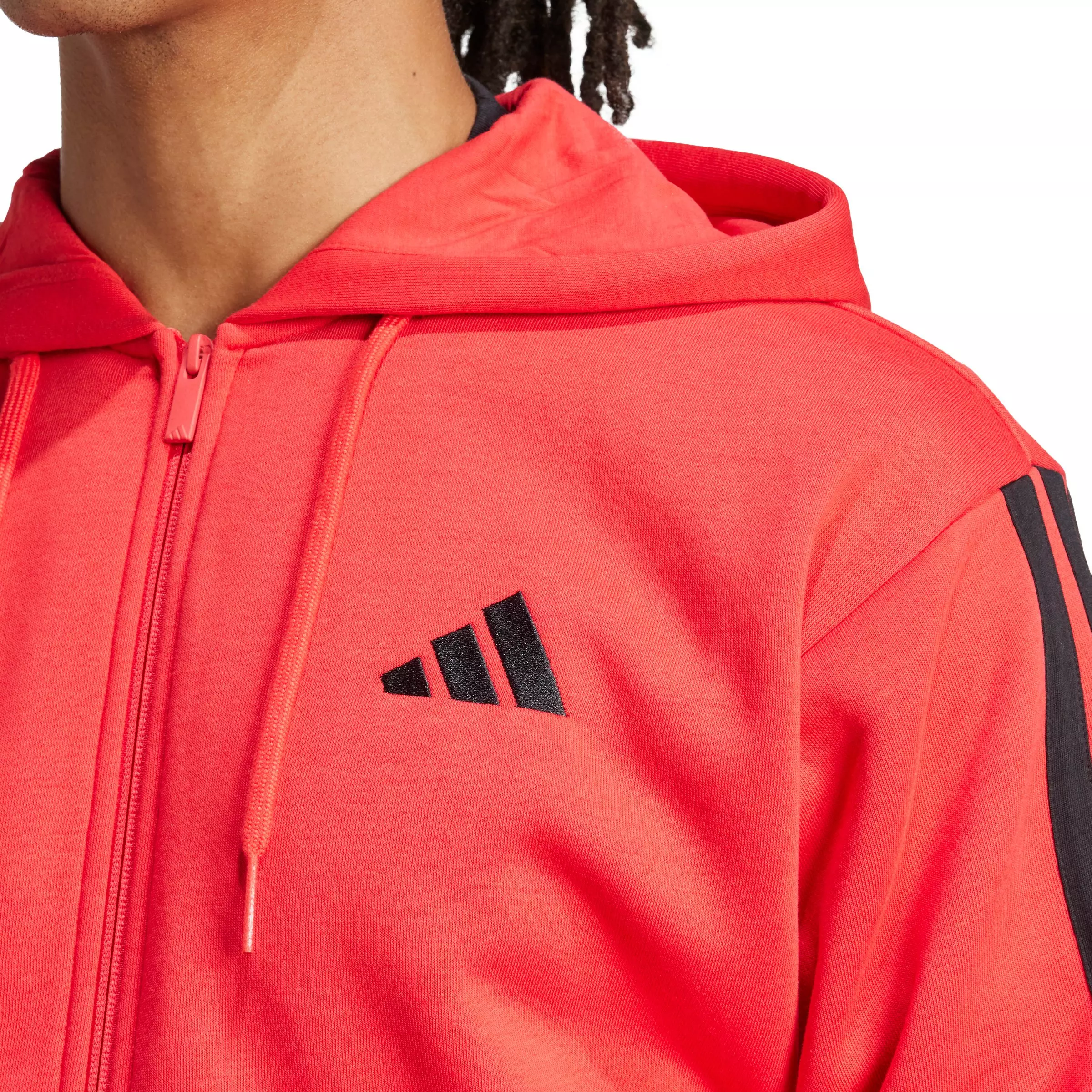 adidas Men's Essentials 3-Stripes Fleece Full-Zip Hooded Jacket - Red/Black - RED/BLACK