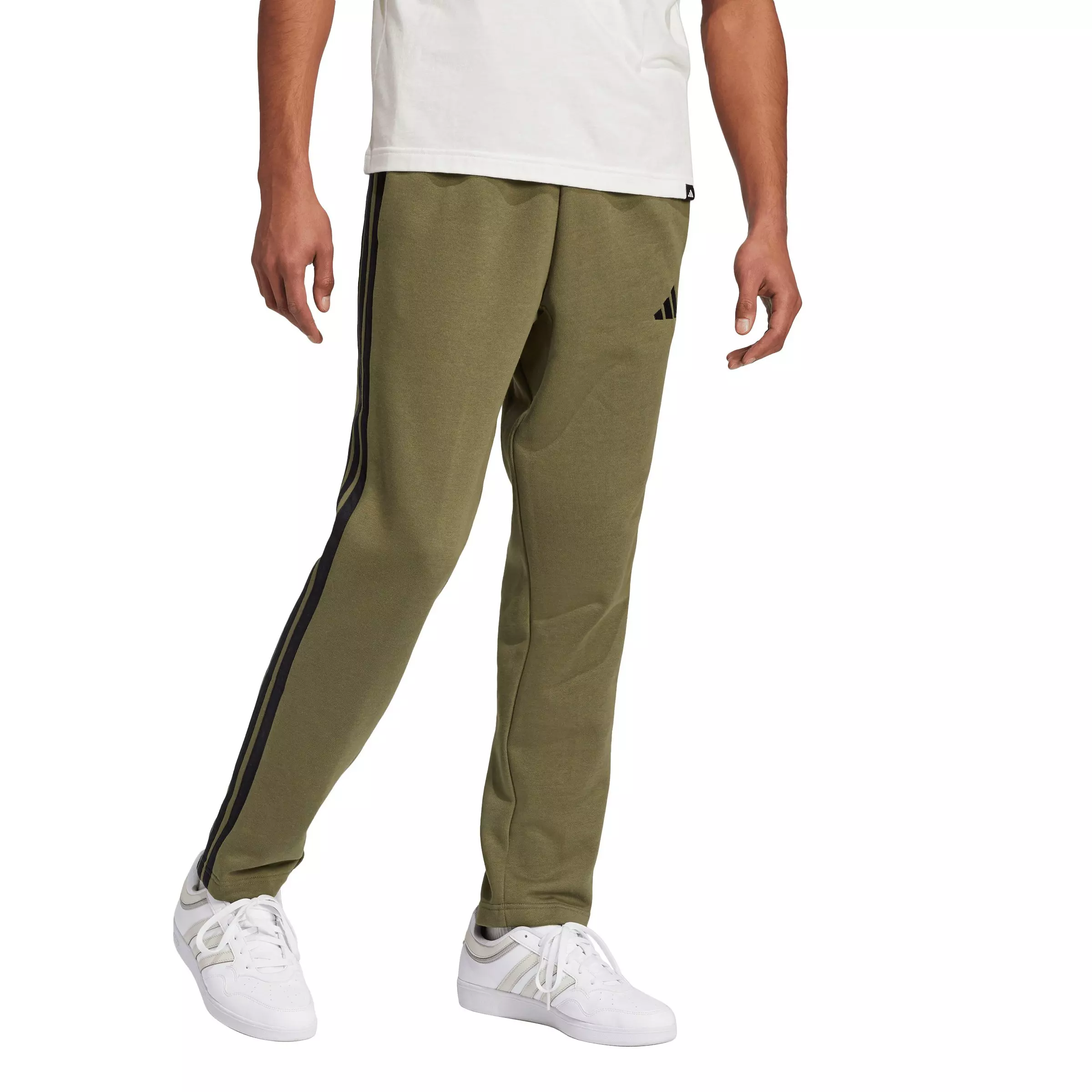 adidas Men's Essentials 3-Stripes Open Hem Fleece Joggers -Olive/Black - OLIVE/BLACK