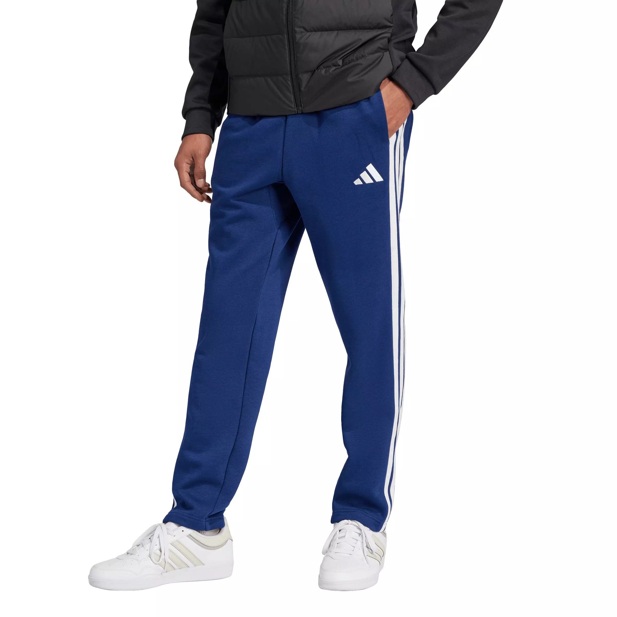 adidas Men's Essentials 3-Stripes Open Hem Fleece Joggers - Dk Blue/White - DK BLUE/WHITE